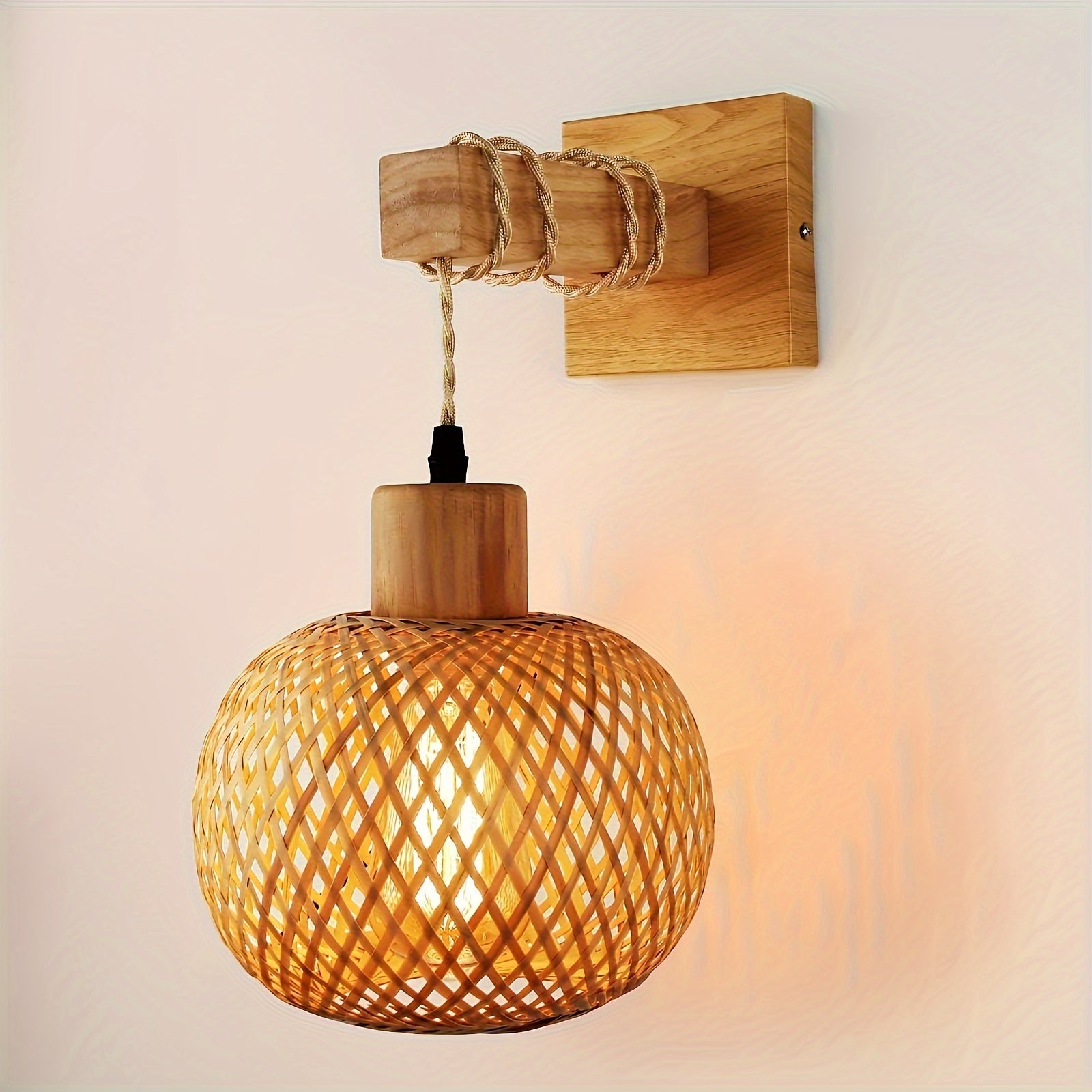 Rustic Rattan & Wood Wall Sconce