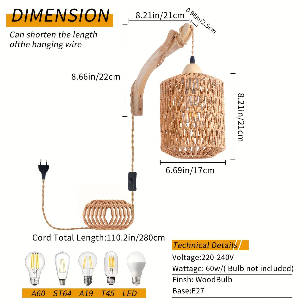 Boho Rattan Plug-In Wall Lamp