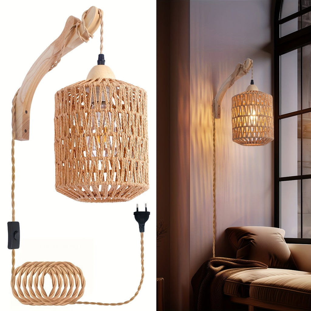 Boho Rattan Plug-In Wall Lamp