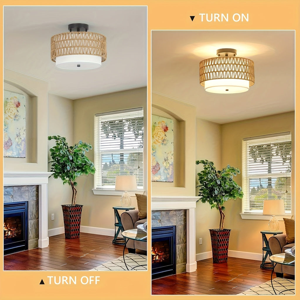 Boho Rattan & Linen Ceiling Light