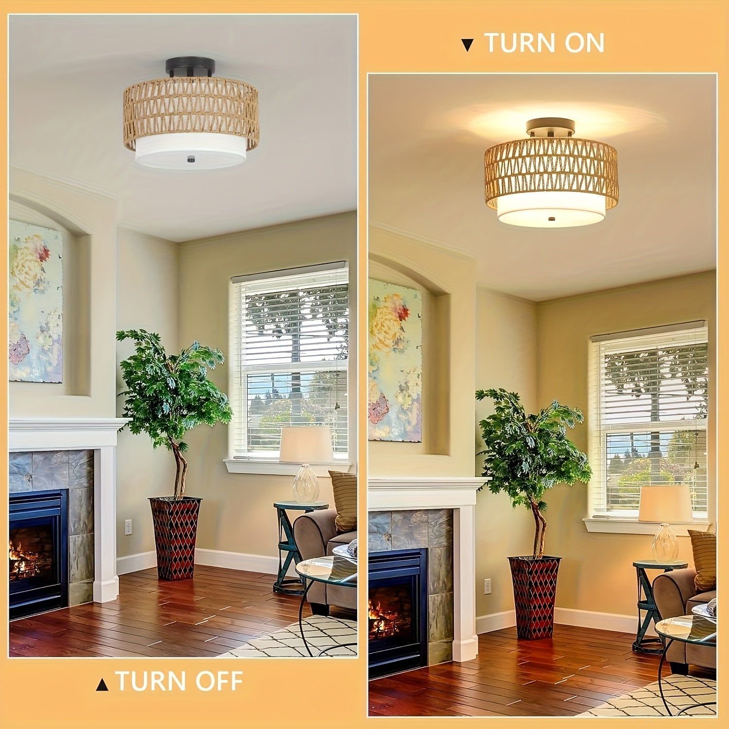 Boho Rattan & Linen Ceiling Light