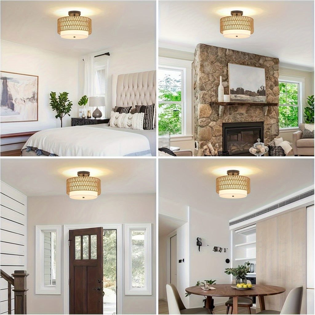 Boho Rattan & Linen Ceiling Light