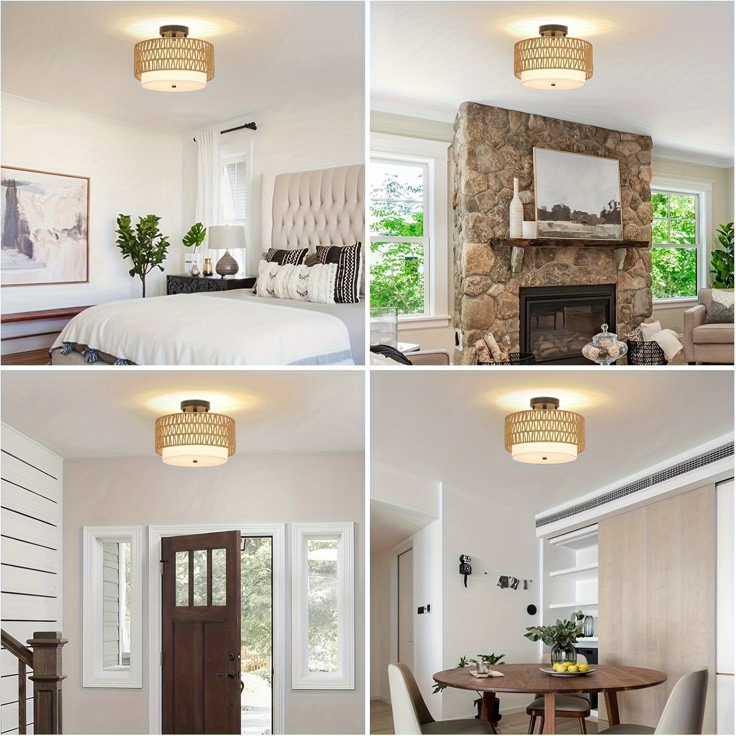Boho Rattan & Linen Ceiling Light