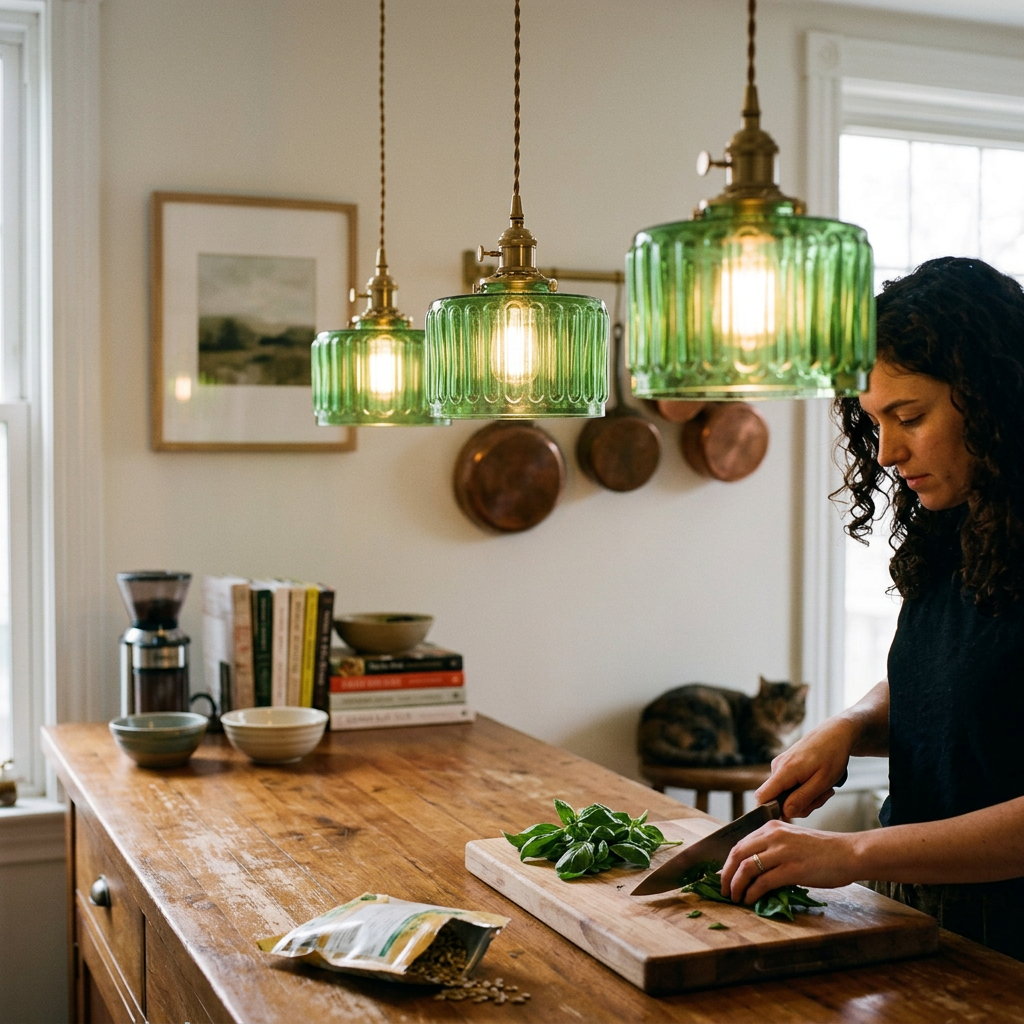 Green Glass Pendant Light Adjustable Hanging