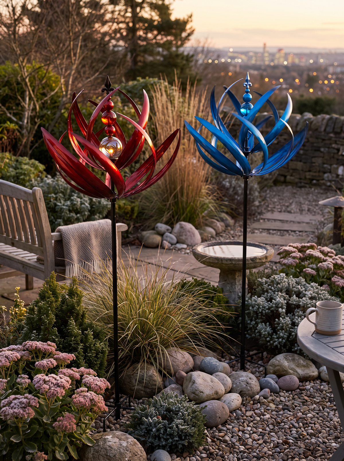Garden wind spinner adding colour to a quiet border
