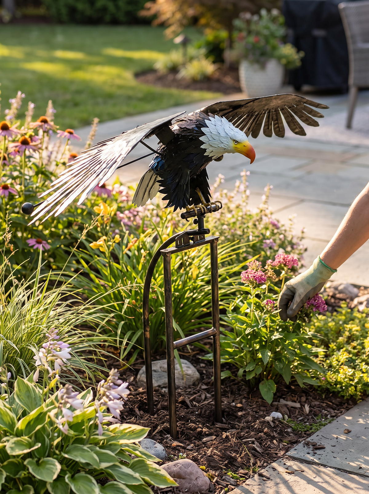 Flapping wings bird decoration in a planted border