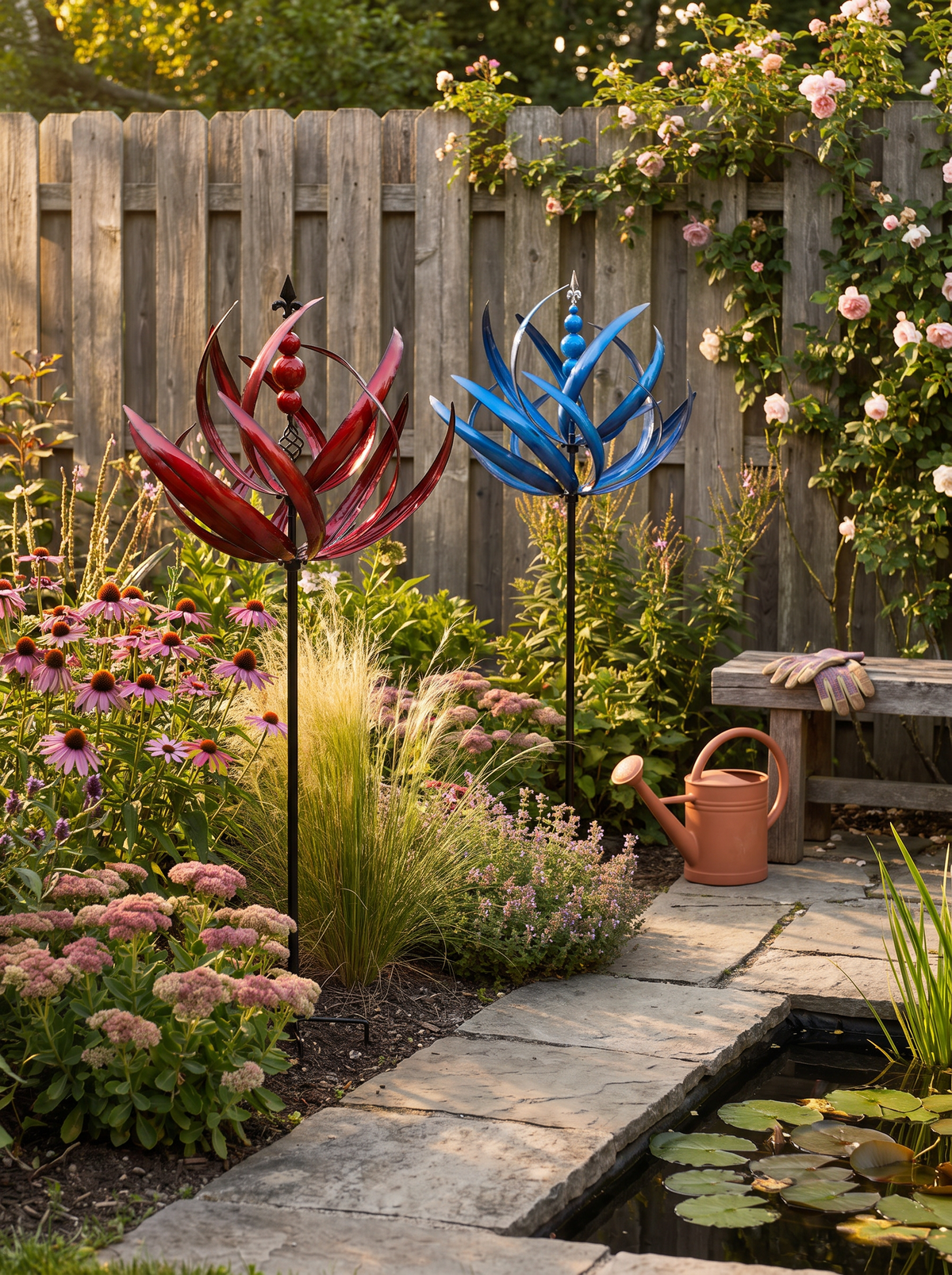 Weatherproof garden wind spinner outdoors in the rain