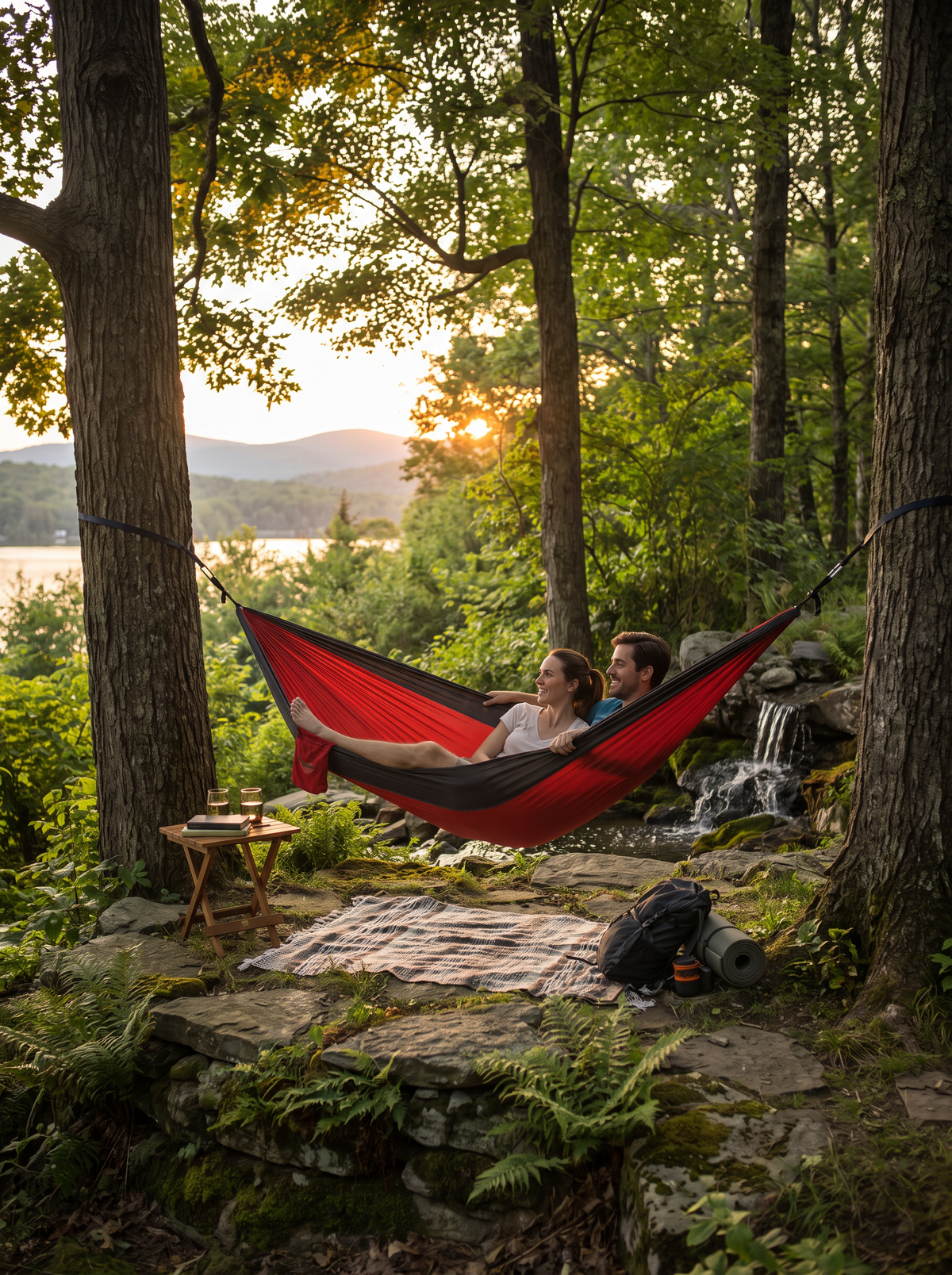 Camping hammock strung between two trees