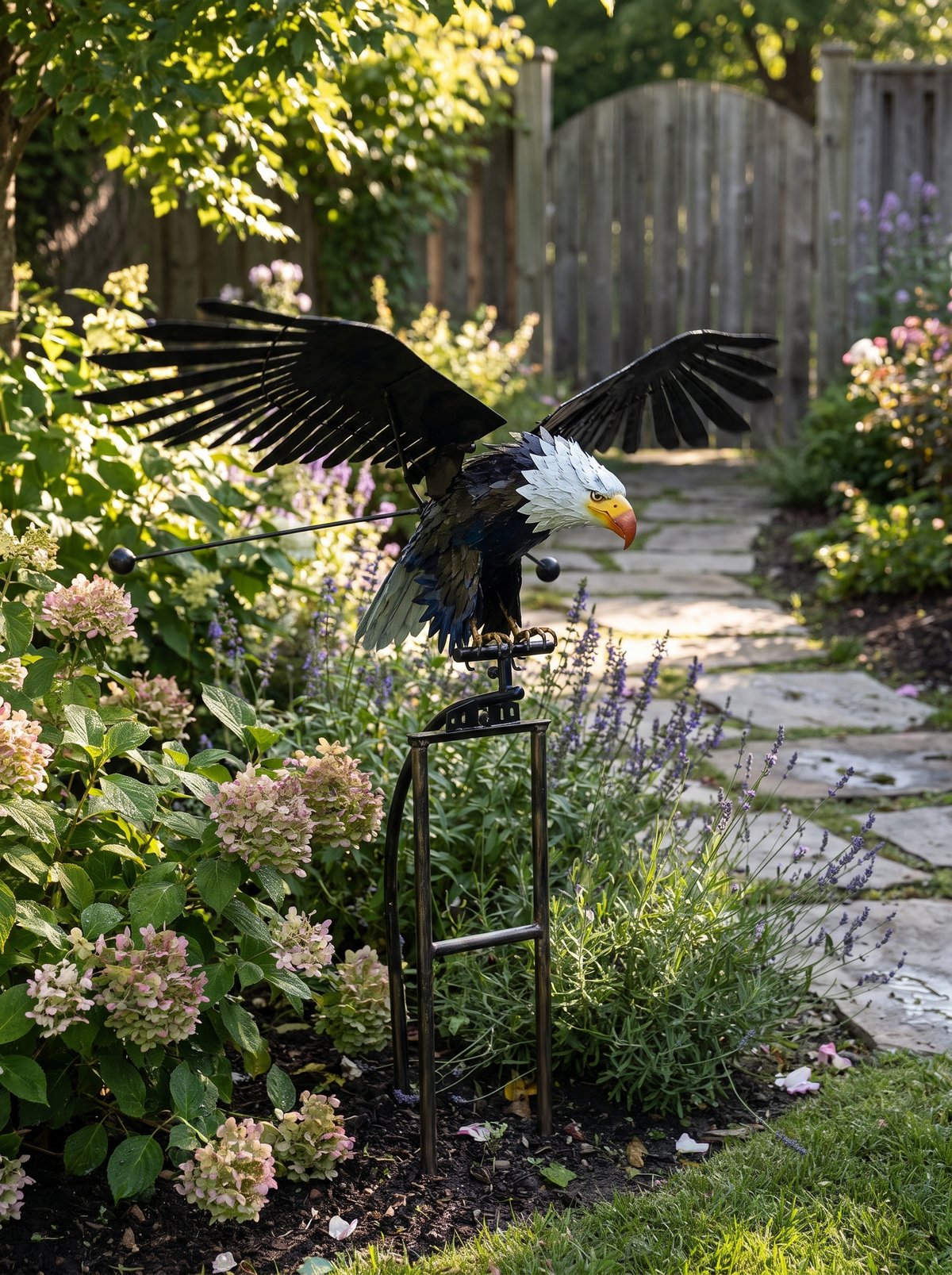 Garden bird decoration with wings beating in the wind