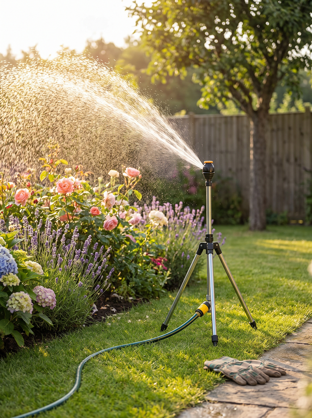 Tripod sprinkler watering over a planted bed