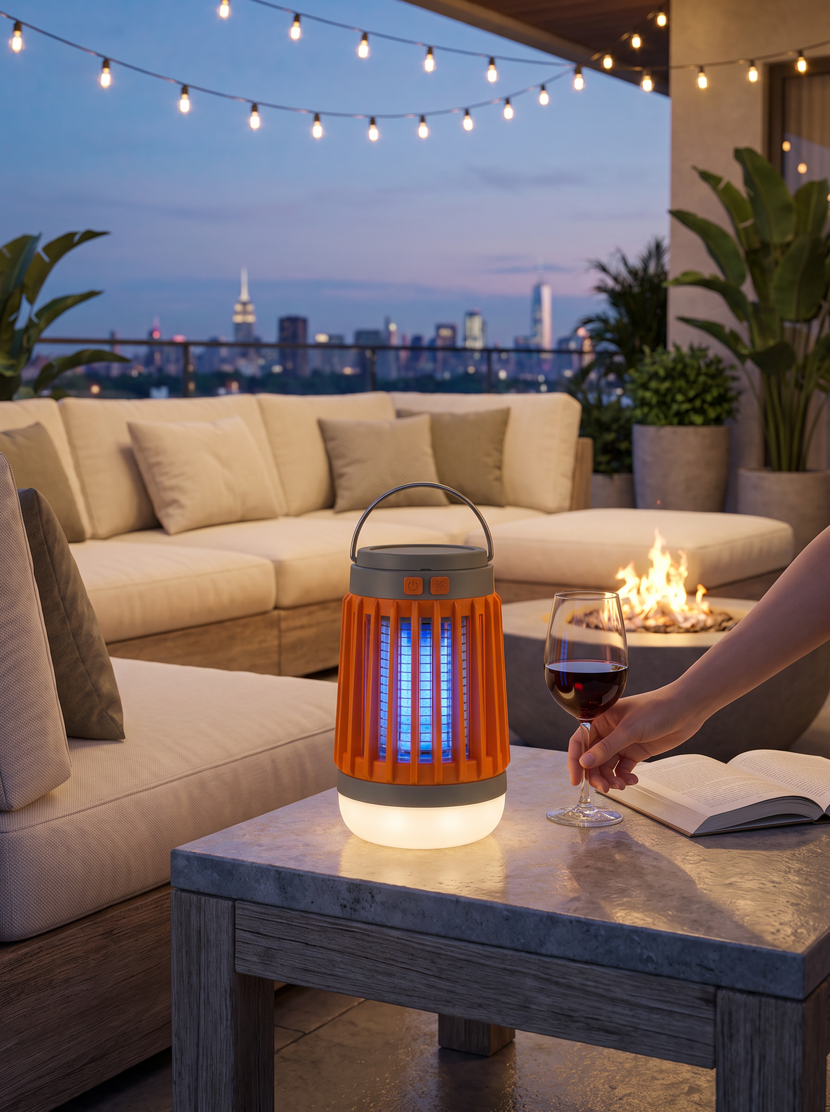Mosquito zapper lantern on a garden table in the evening