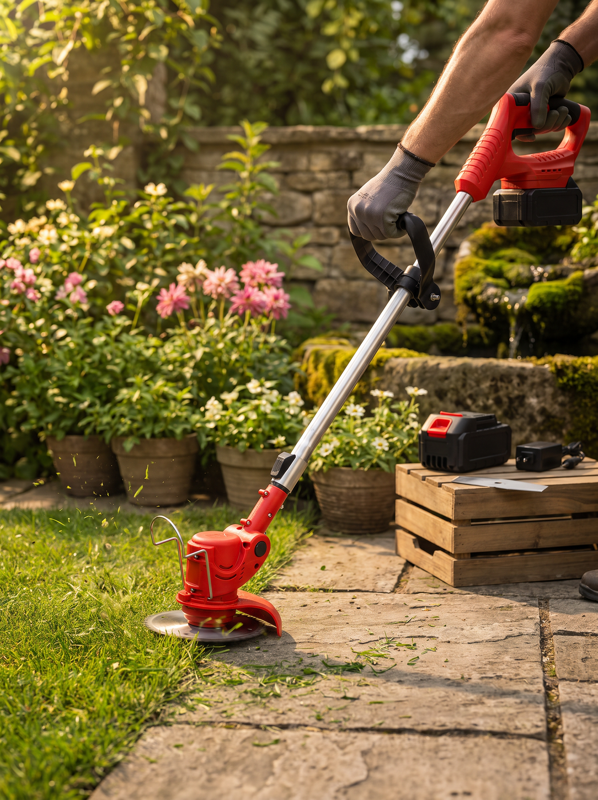 Cordless trimmer edging along a fence line