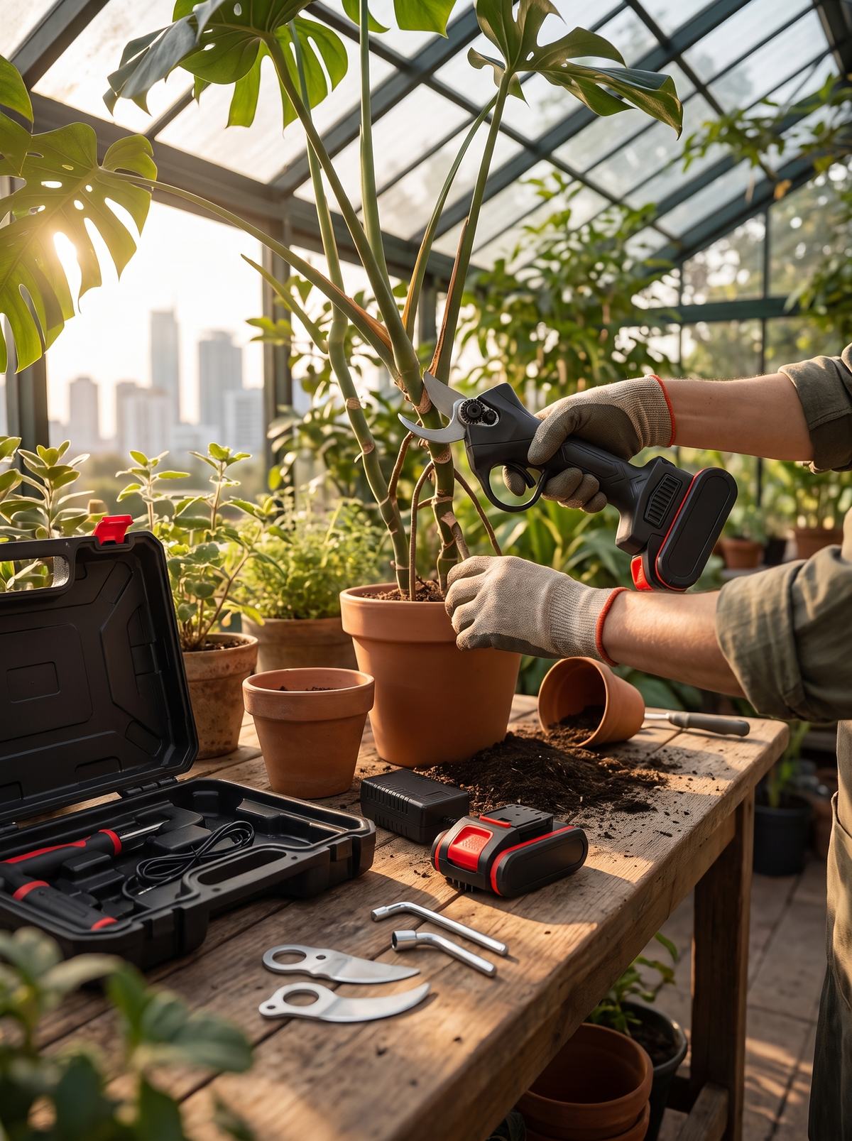 Electric pruning shears cutting a branch