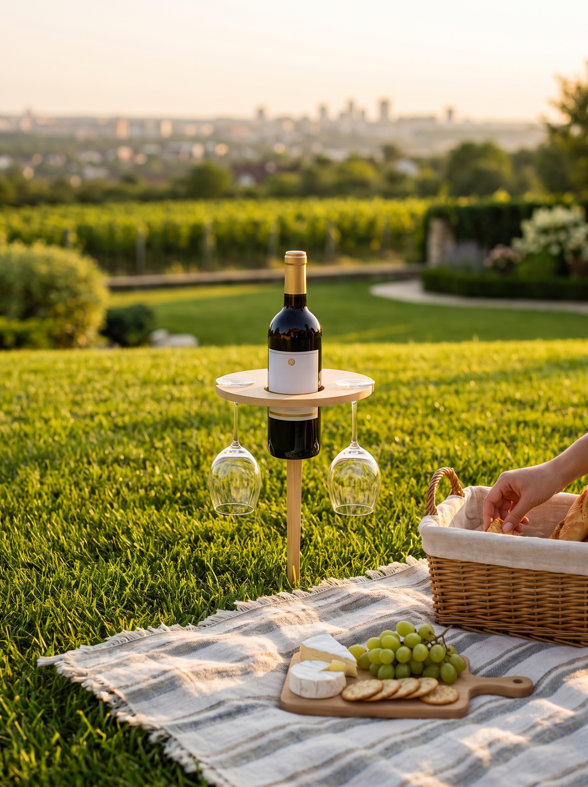 Picnic wine table set up on a lawn for an afternoon outdoors