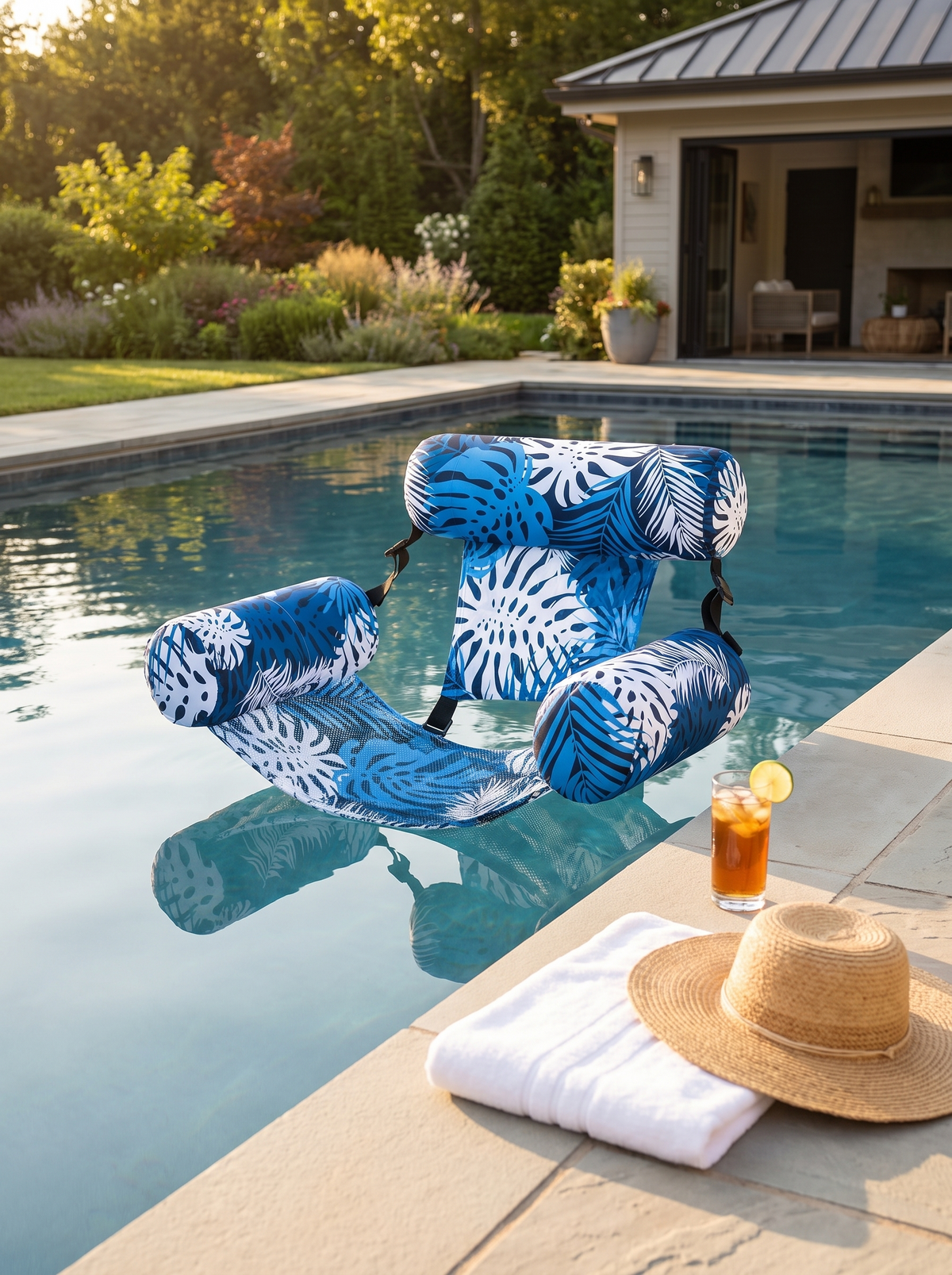 Inflatable lounge chair float on a sunlit pool