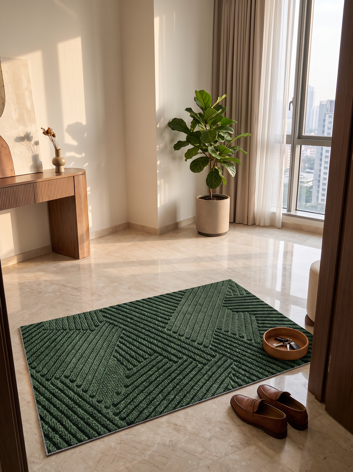 Non slip door mat lying flat on a hallway floor