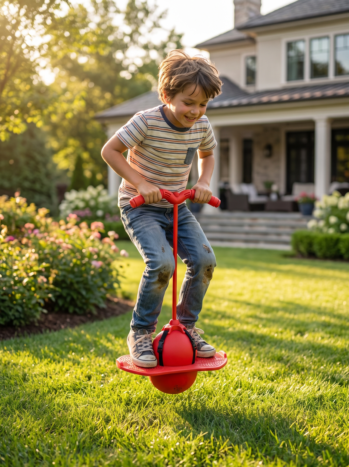 Child bouncing on a balance jumping stick outdoors