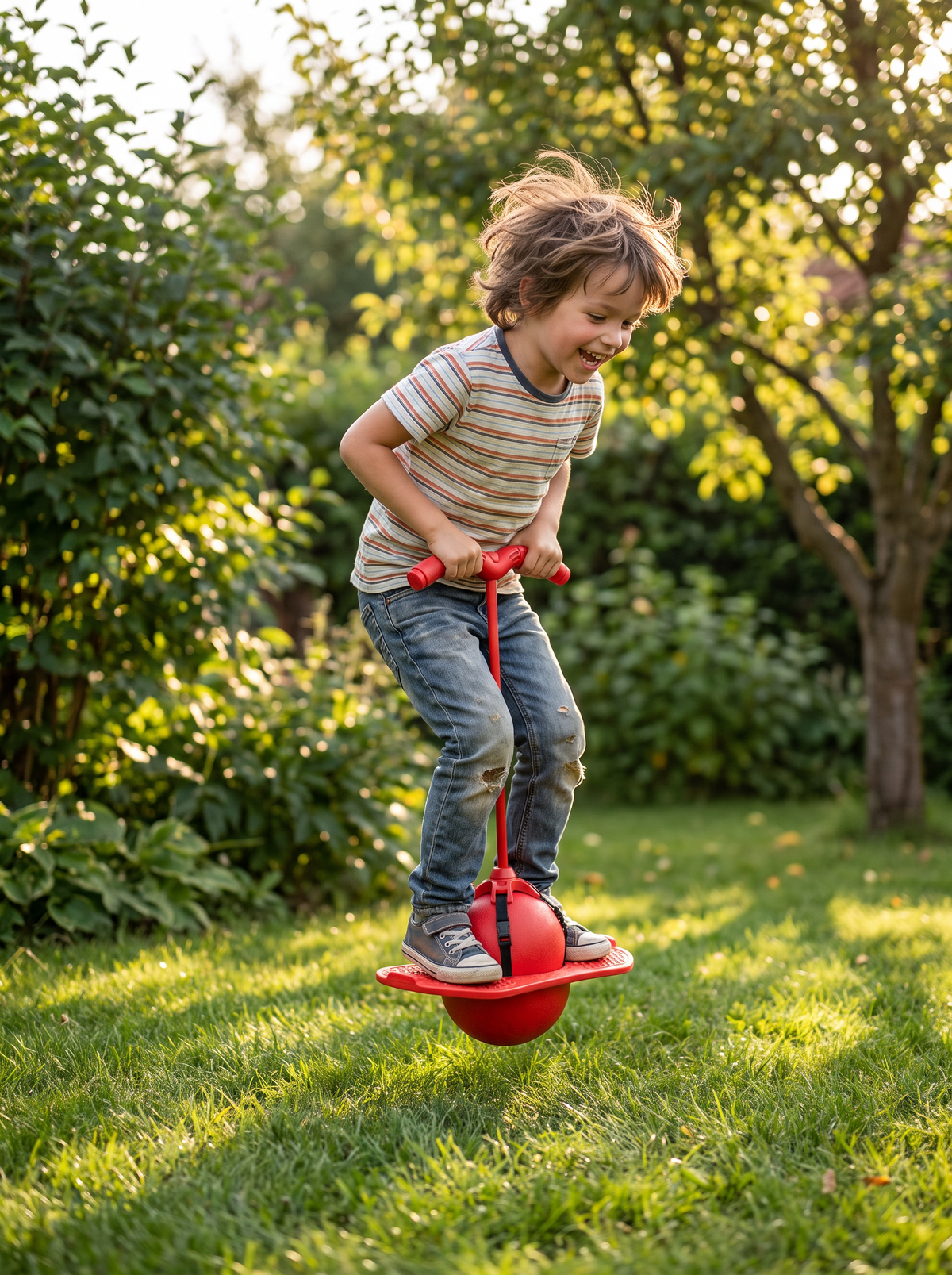 Child balancing on a jumping stick in a garden