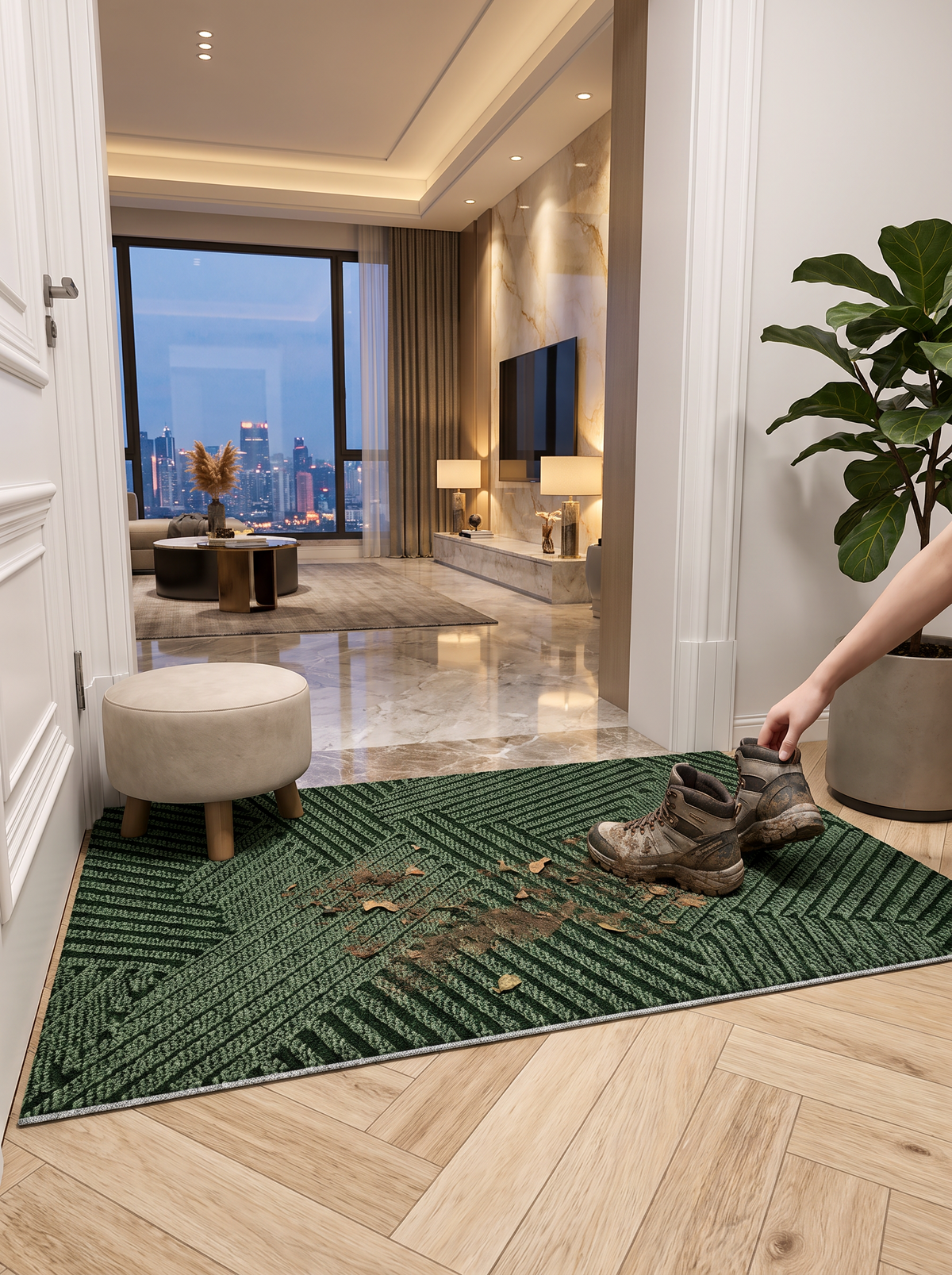 Door mat scraping dirt from shoes at an entrance