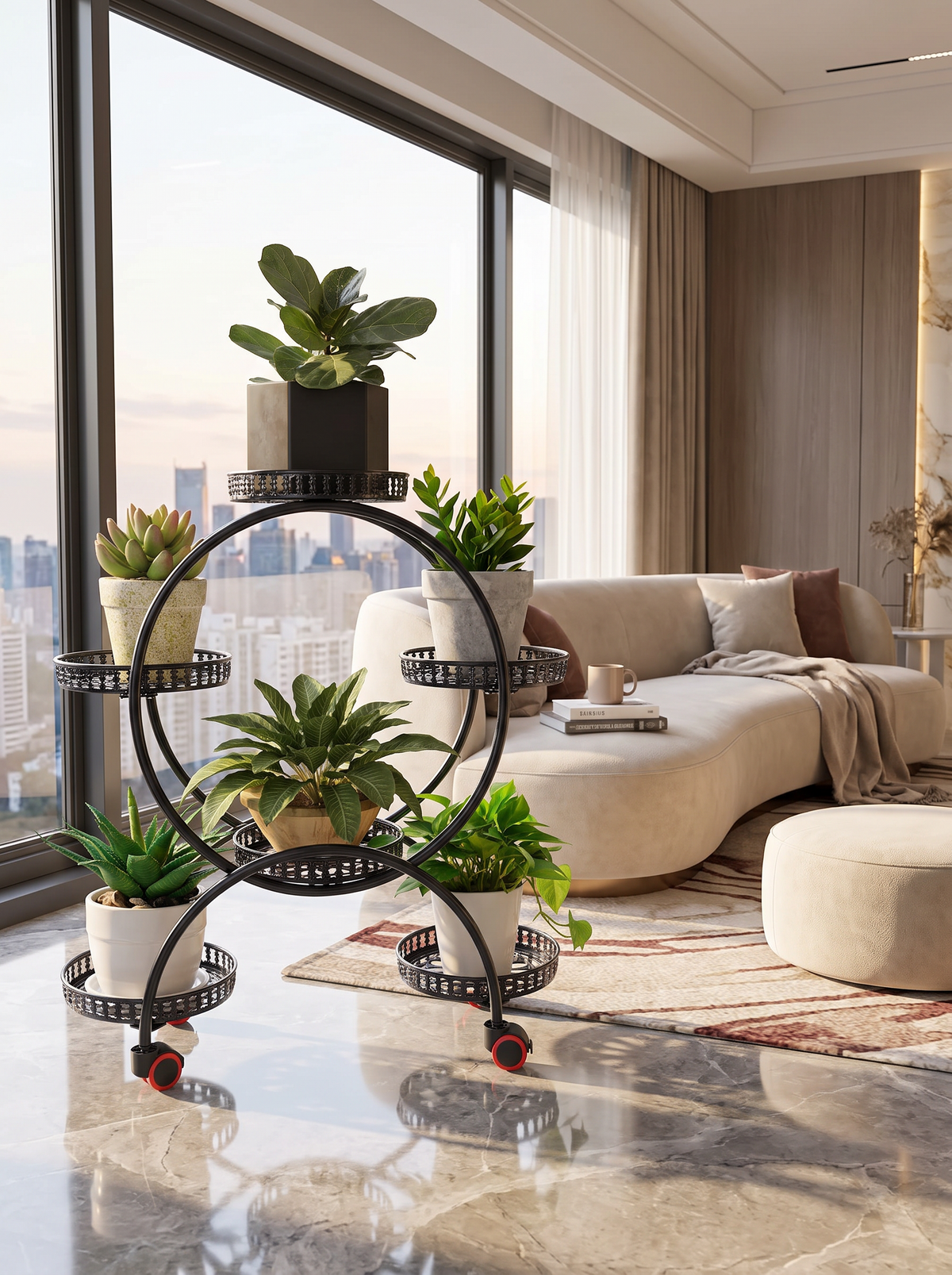 Metal plant stand frame carrying a full load of pots