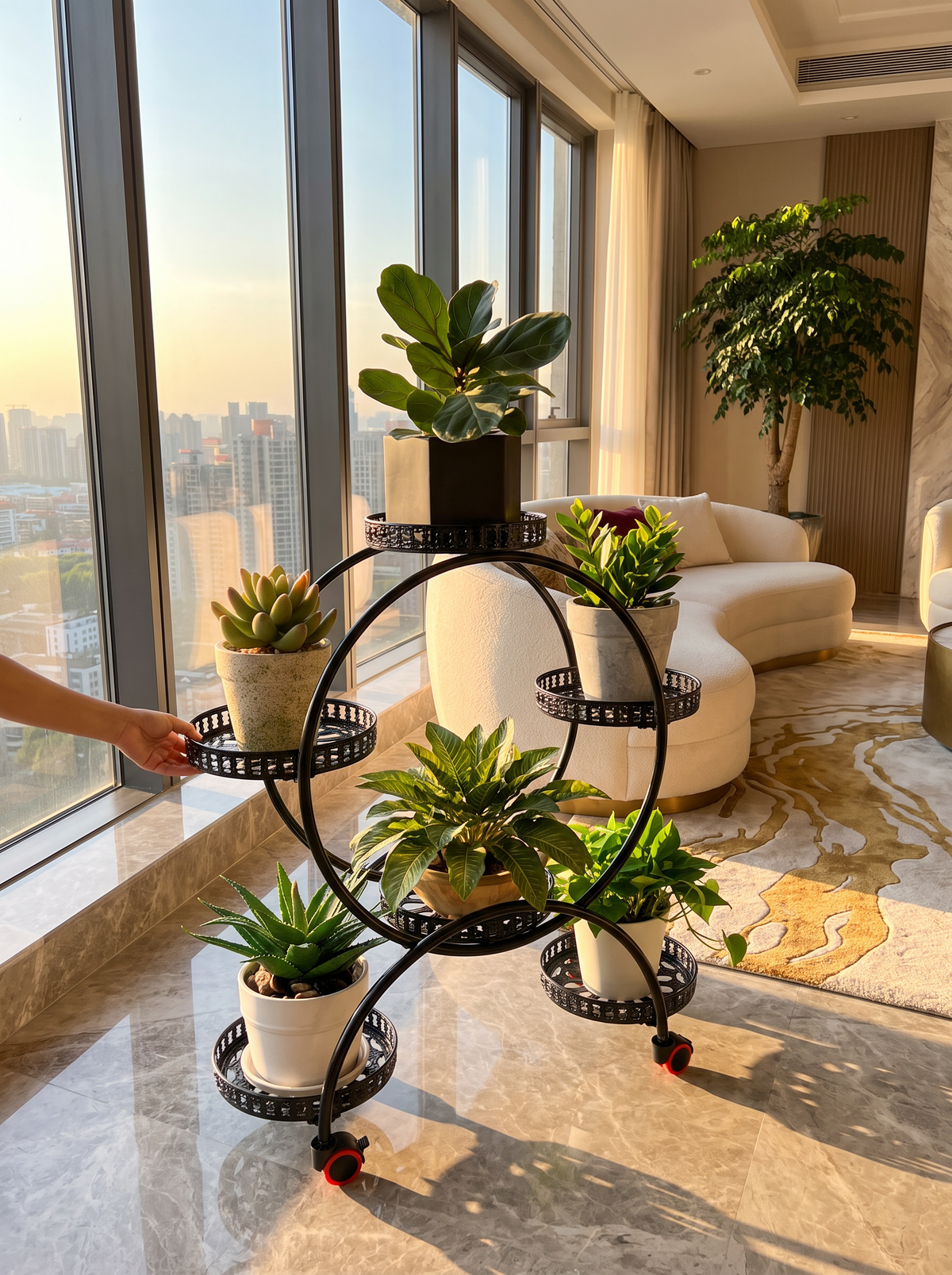 Rolling a wheeled plant stand towards a bright window