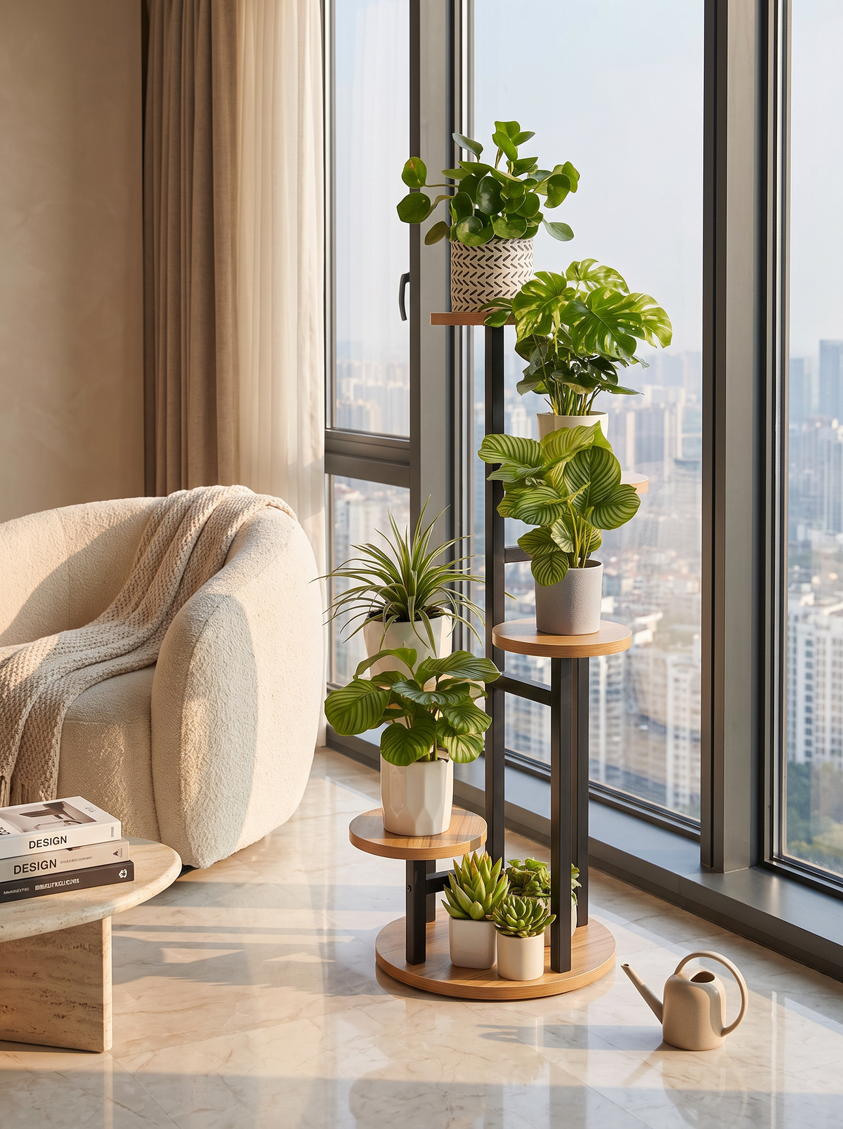 Round wooden plant stand with pots spiralling upward