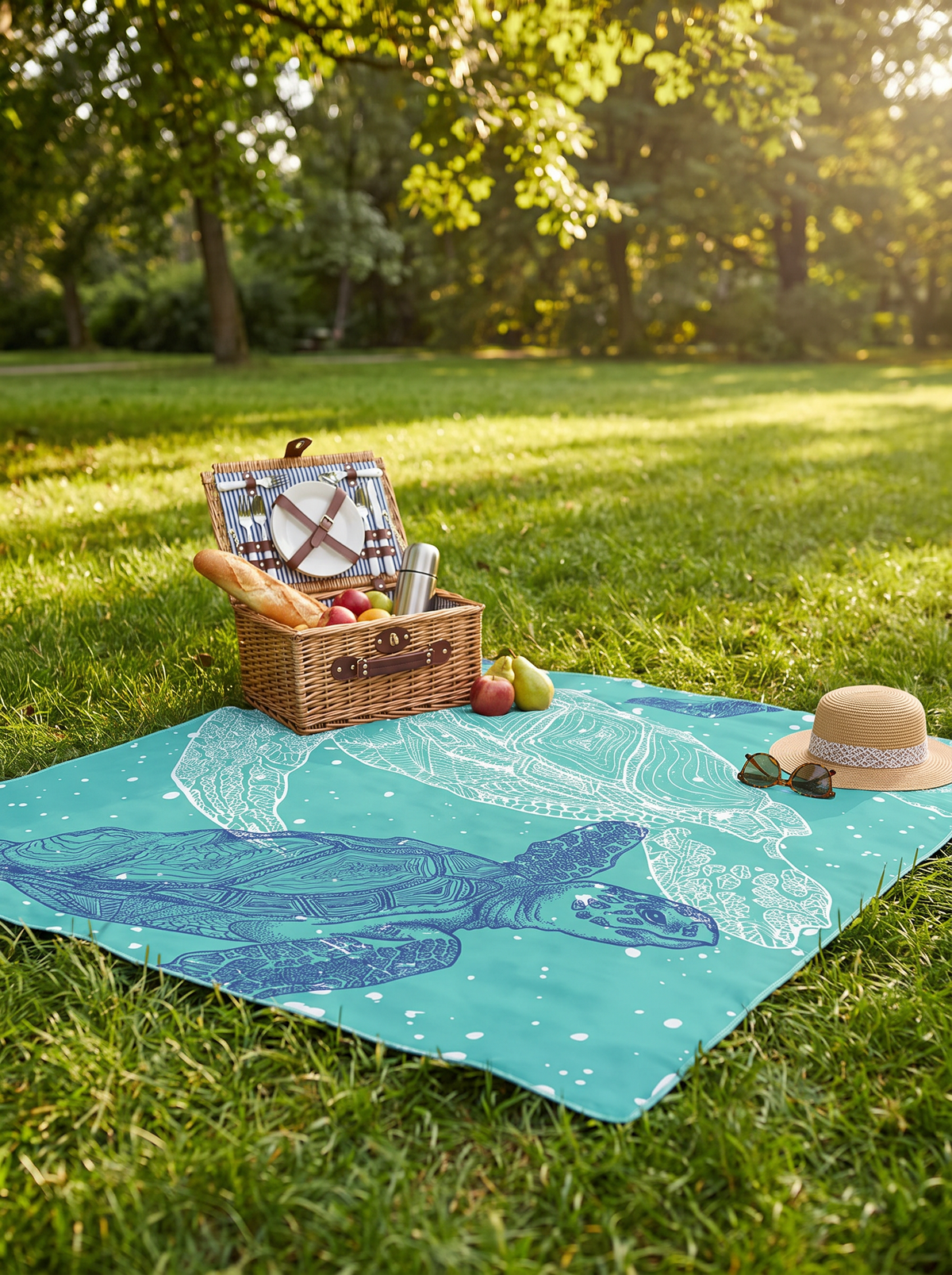 Picnic blanket spread on grass in a park