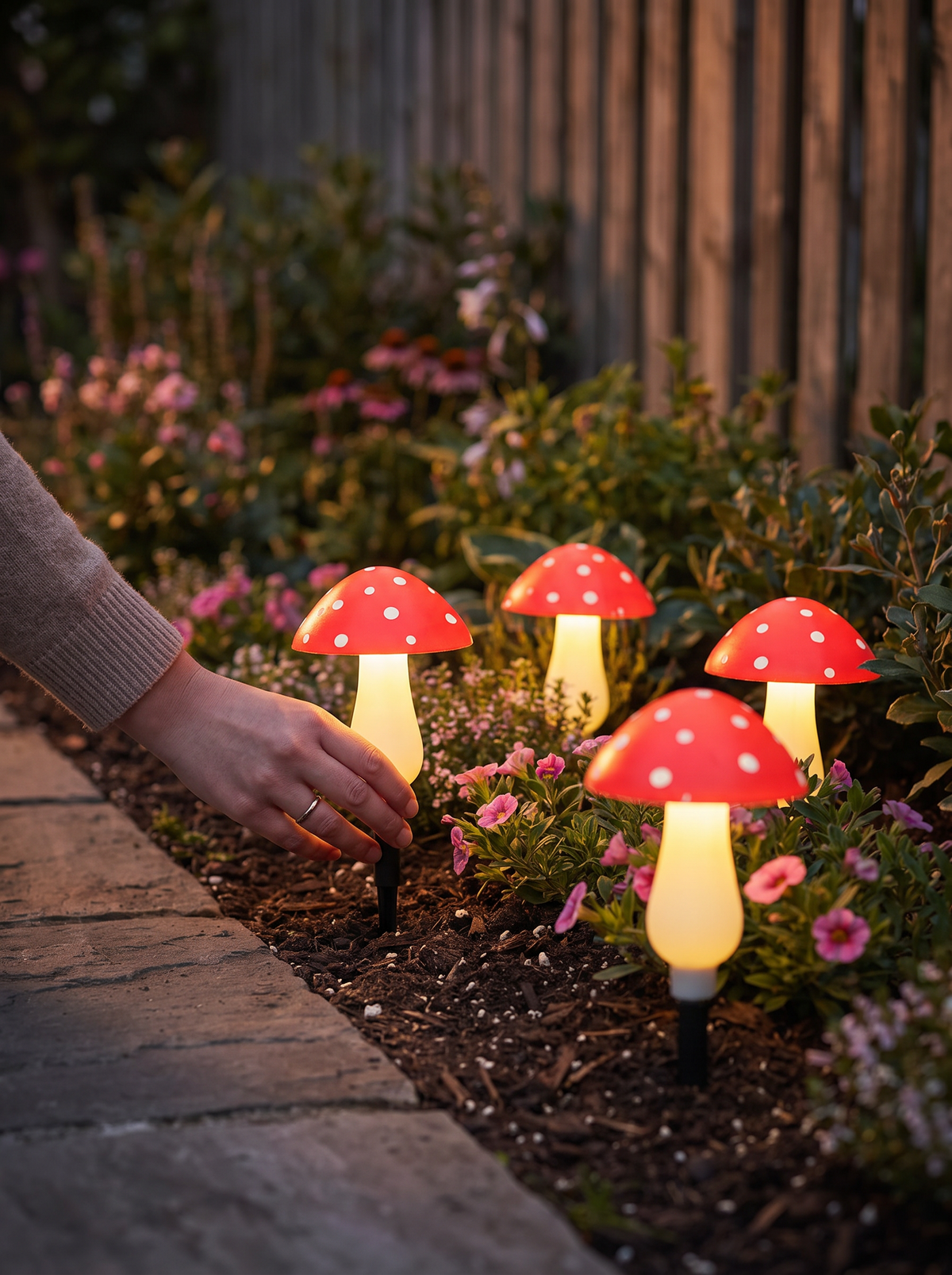 Mushroom solar lights lining a garden path