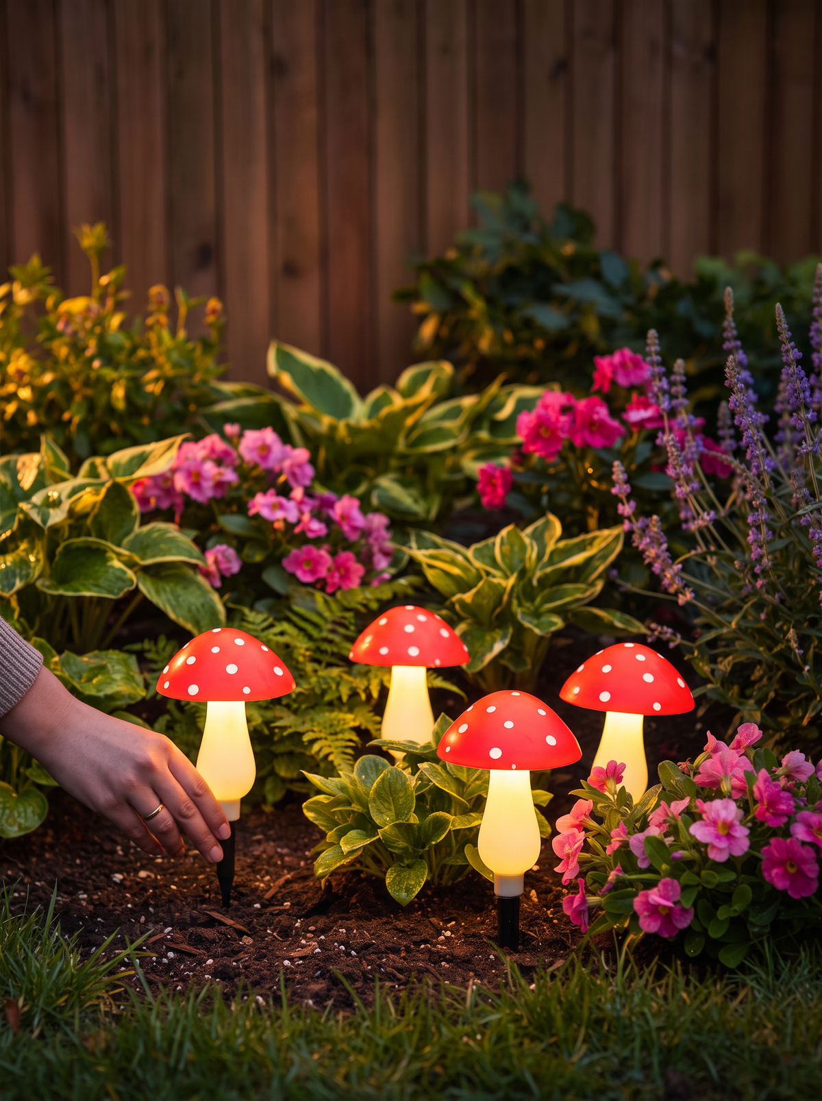 Solar mushroom stake lights glowing at dusk