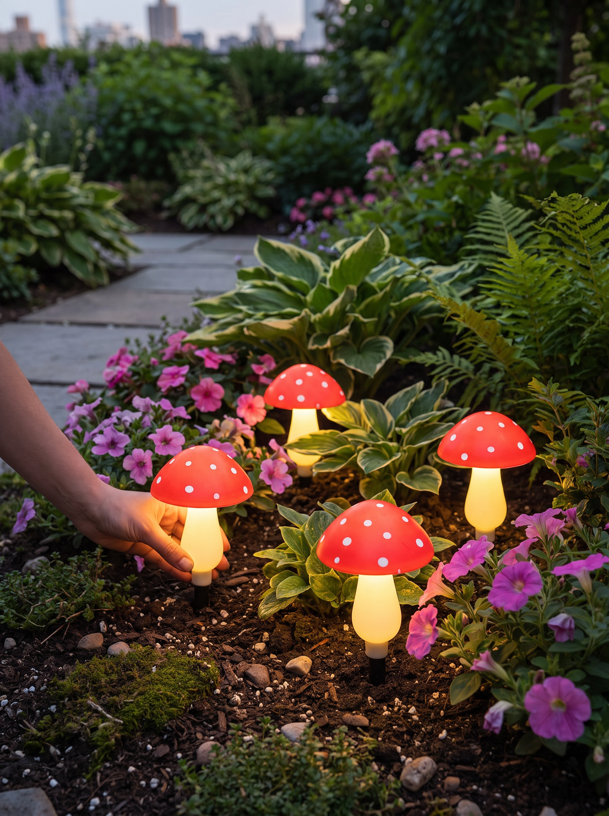 Solar garden stake light pushed into a border with no wiring