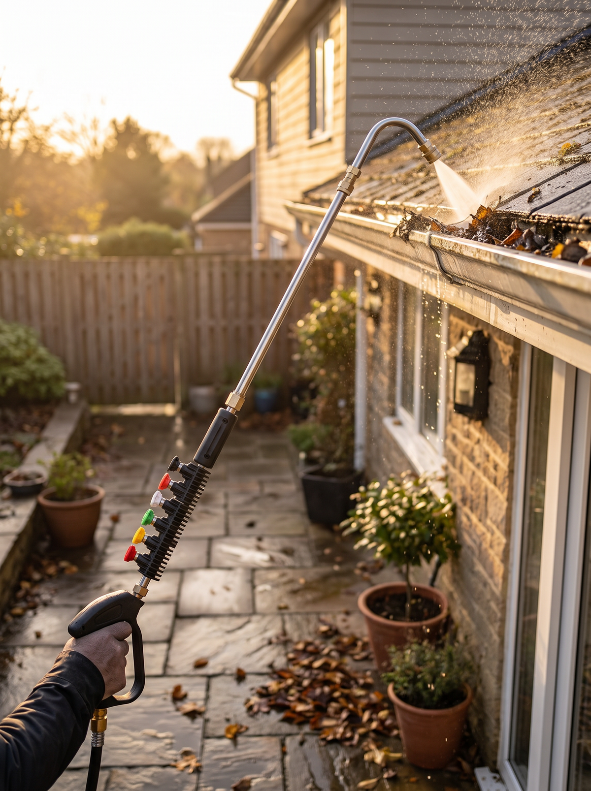 Telescoping wand cleaning gutters from ground level
