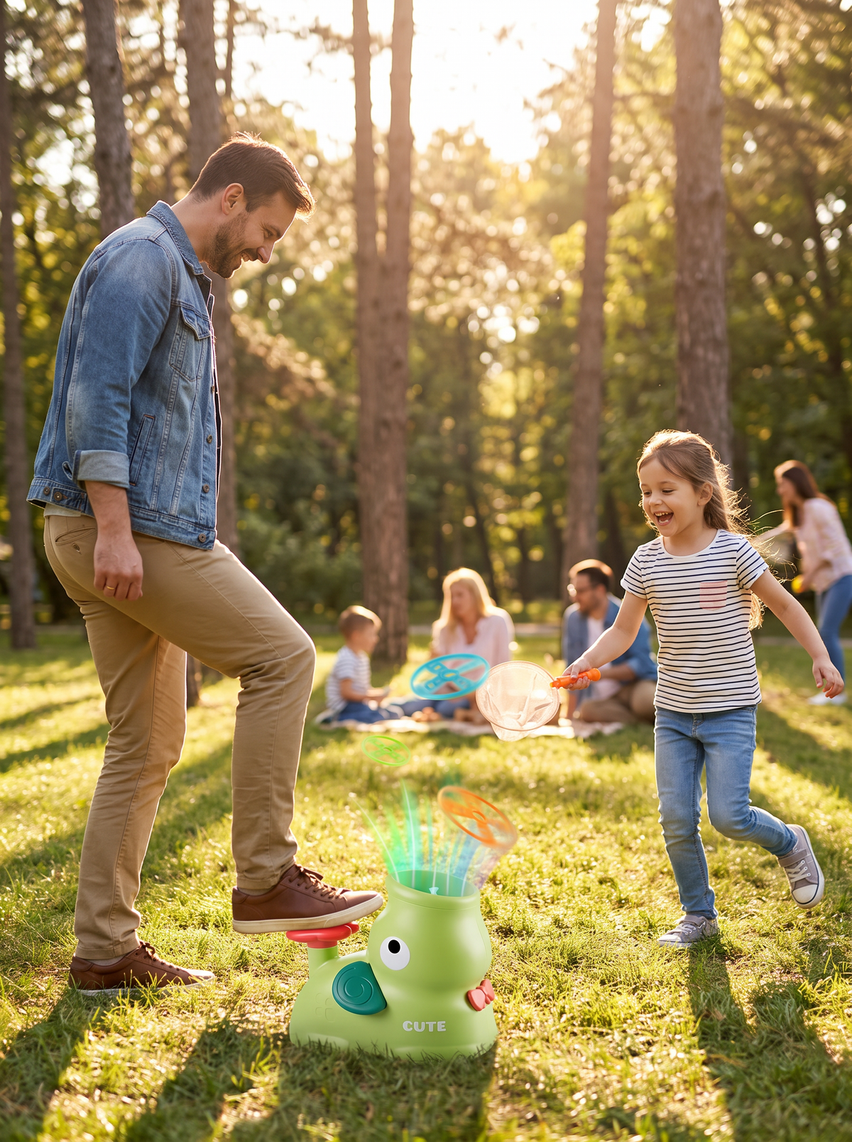 Adult and child playing with a disc launcher together