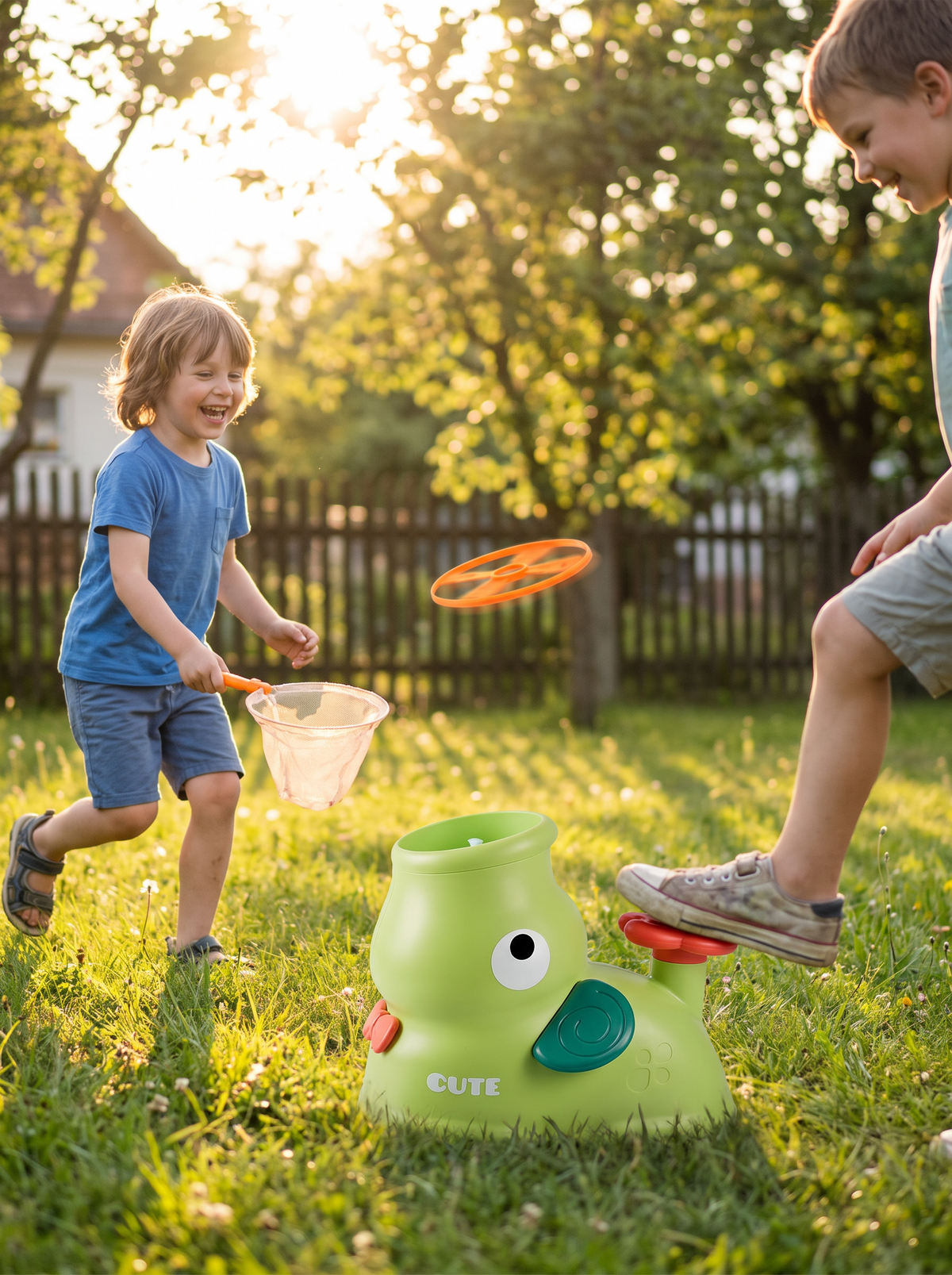 Children launching flying discs in a park