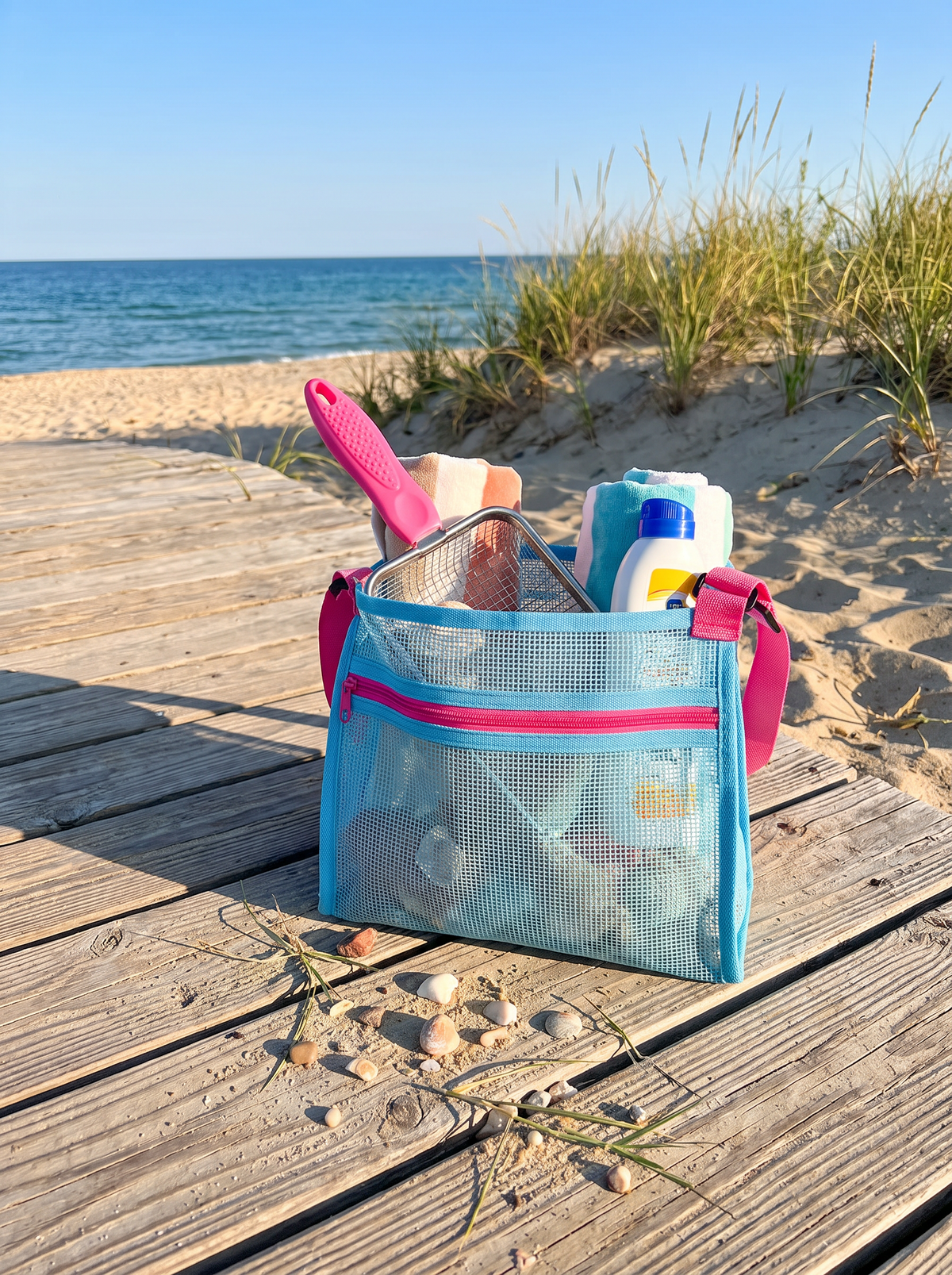 Sand sifter shovel packed in a beach bag