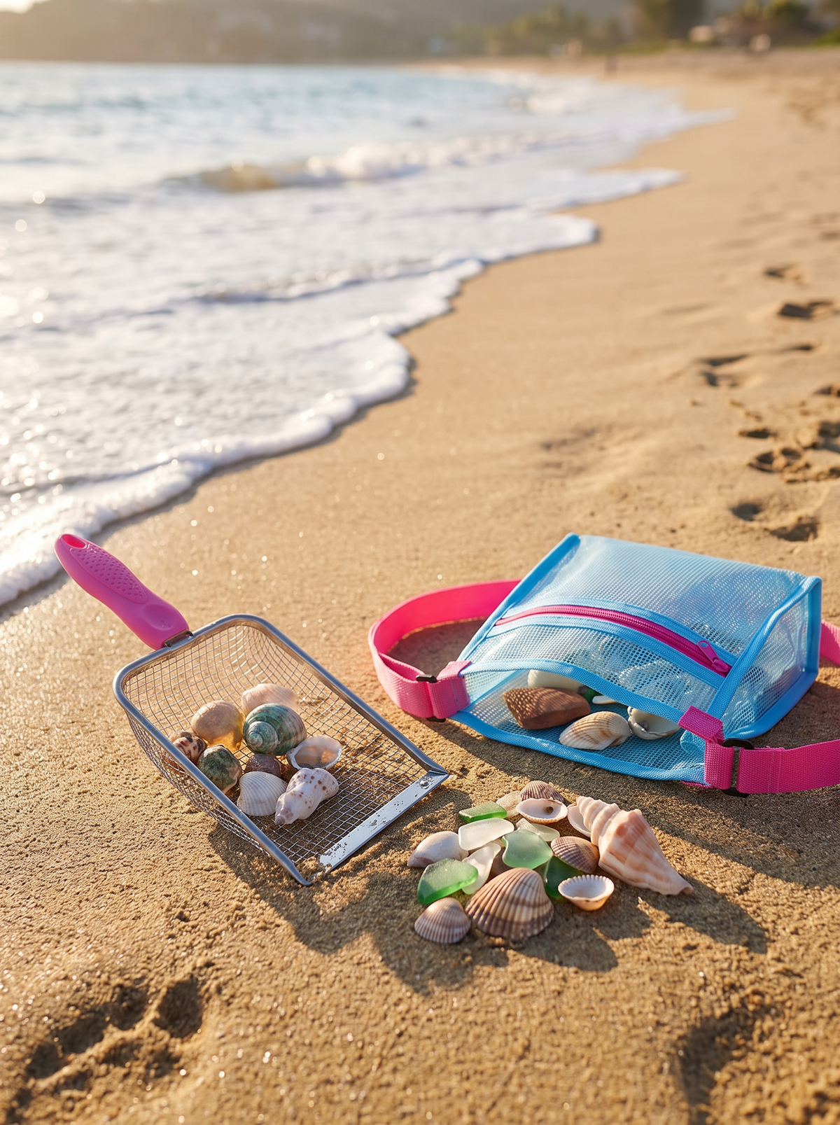 Sand sifter shovel beside collected shells on the beach