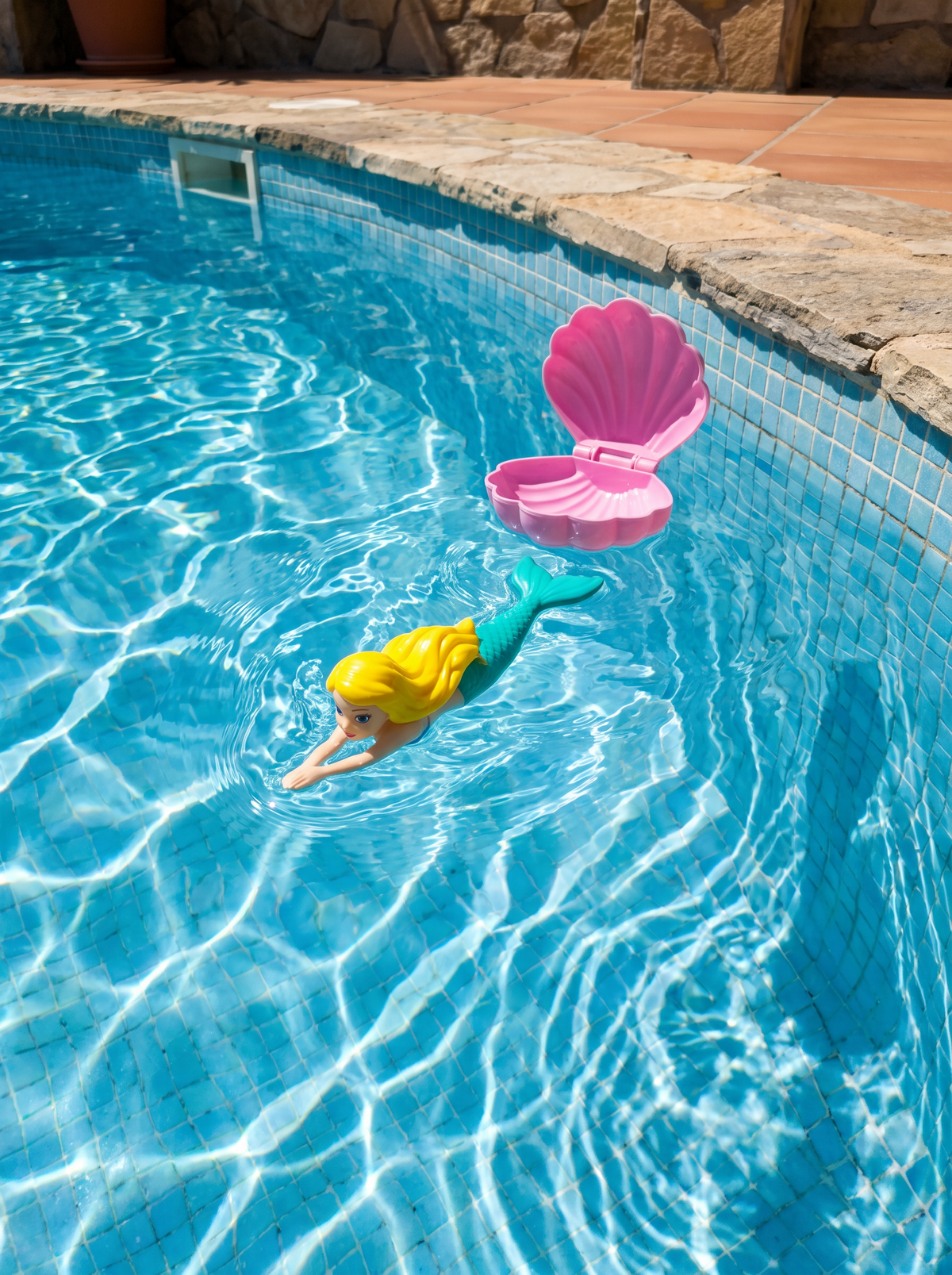 Swimming mermaid pool toy gliding through clear water
