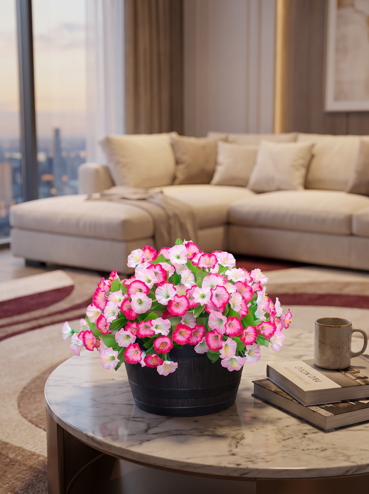 Hanging silk flower basket needing no watering