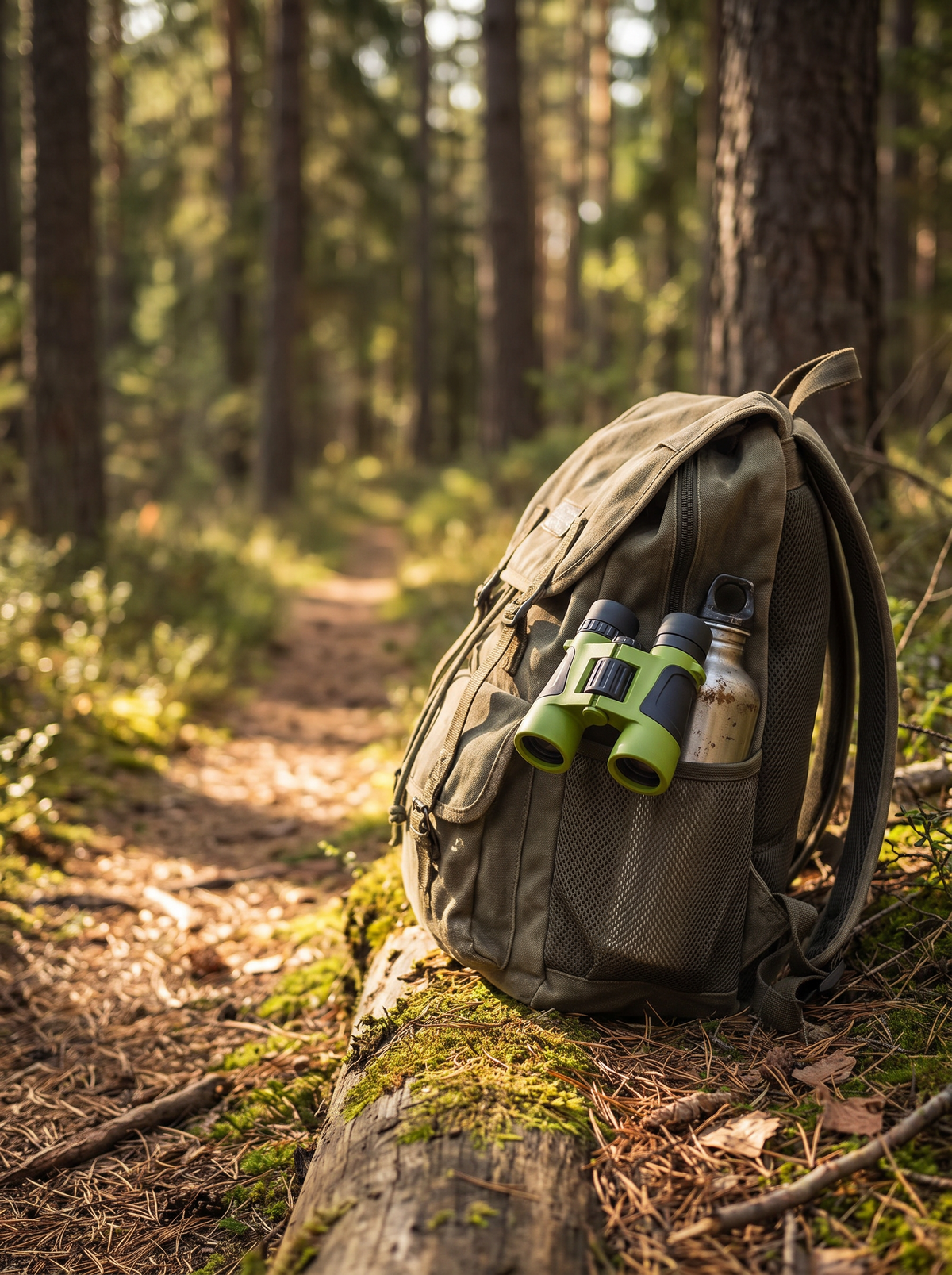 Mini binoculars tucked into a backpack pocket
