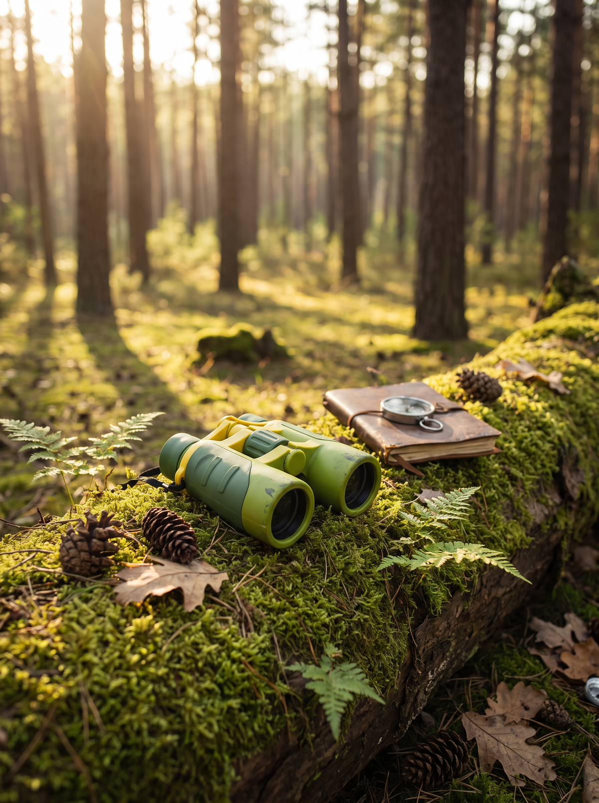 Kids binoculars resting on a mossy log in woodland