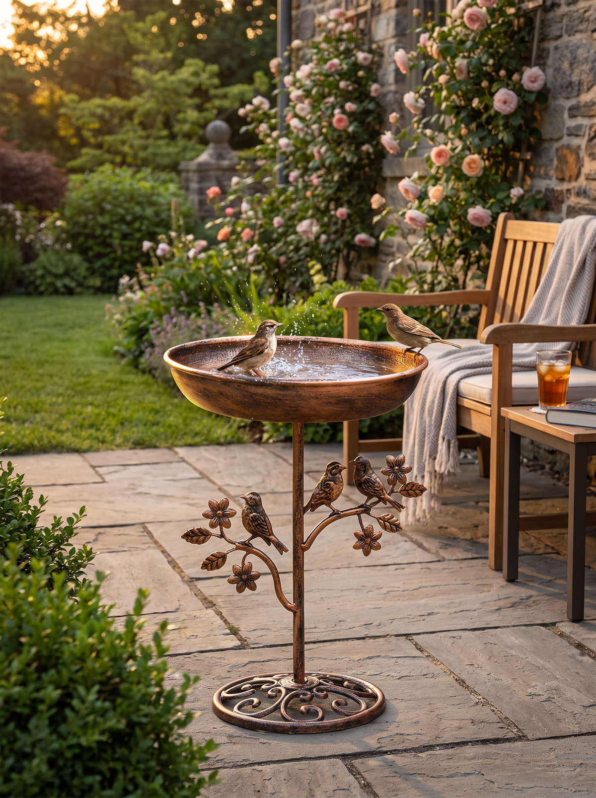 Decorative bird bath as a garden centrepiece