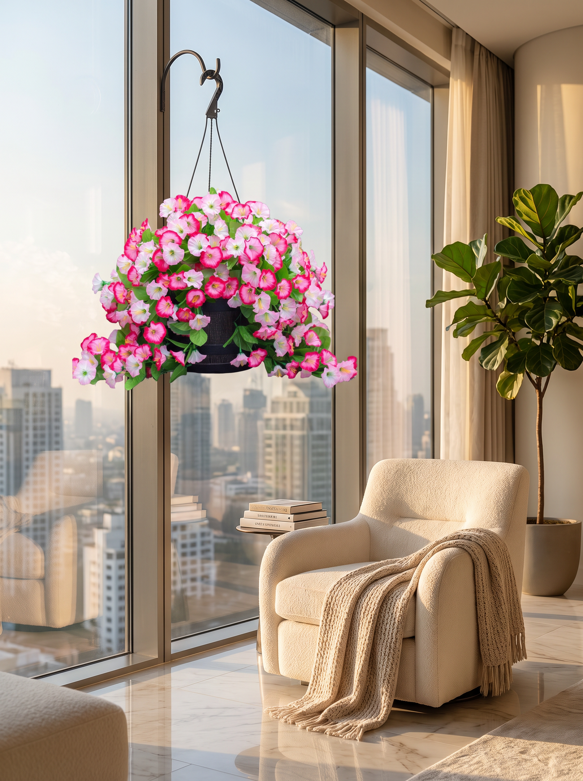 Silk flower hanging basket full of blooms by a door