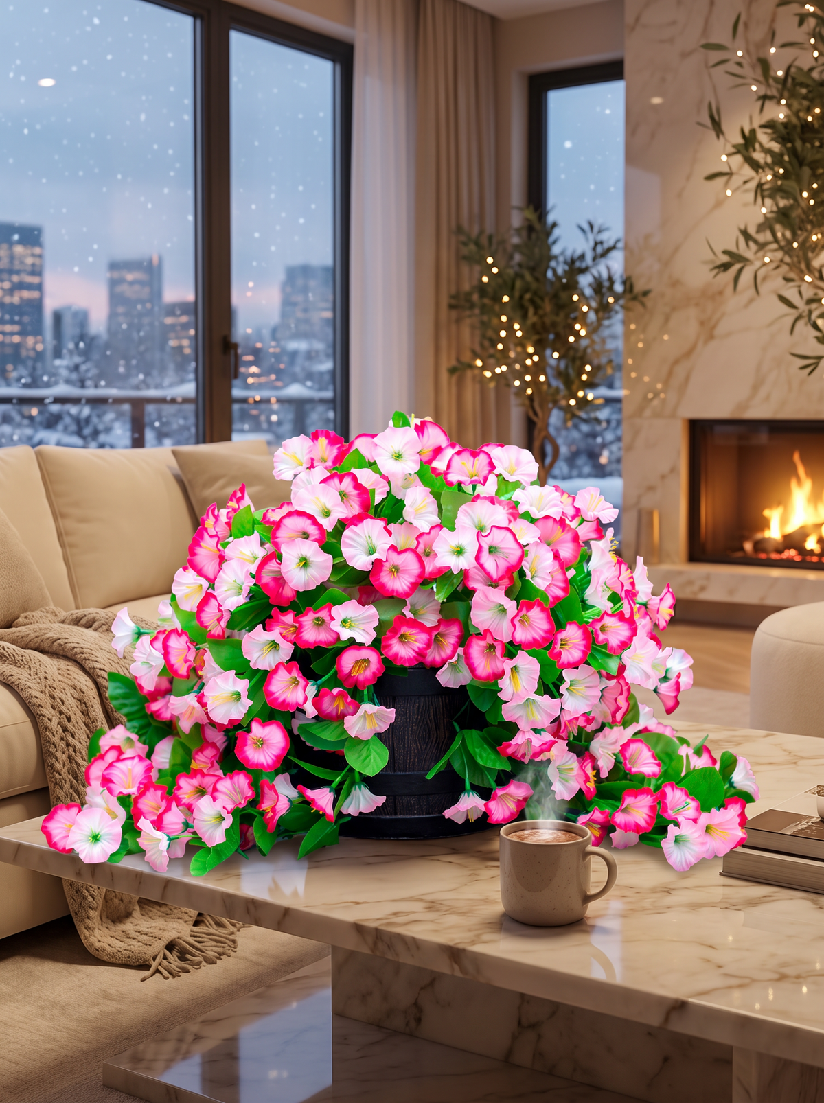 Silk flower basket bringing colour to a winter porch