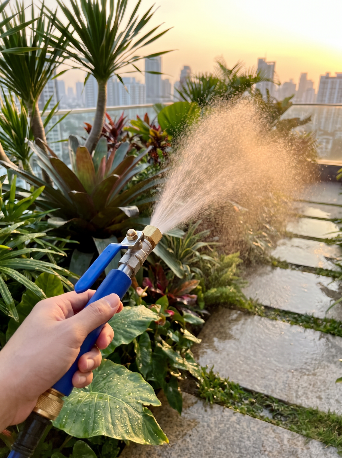 Garden hose nozzle set to a strong jet