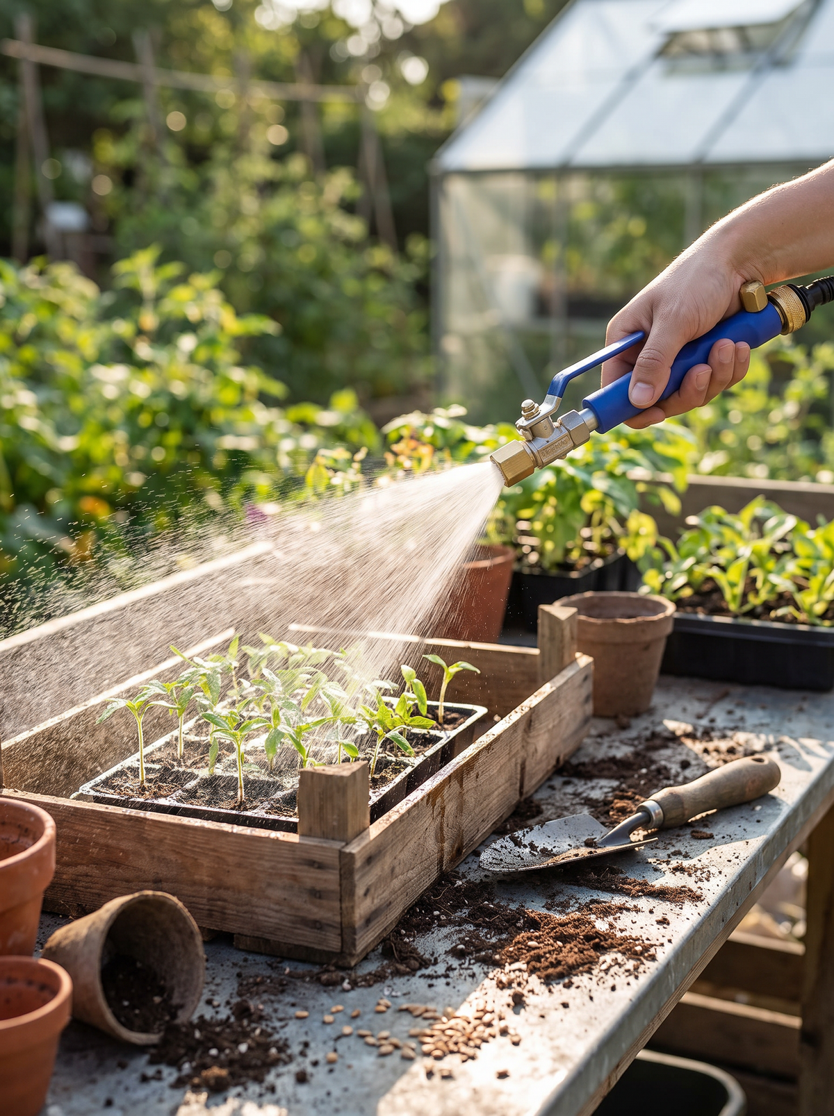 Hose nozzle misting a tray of seedlings