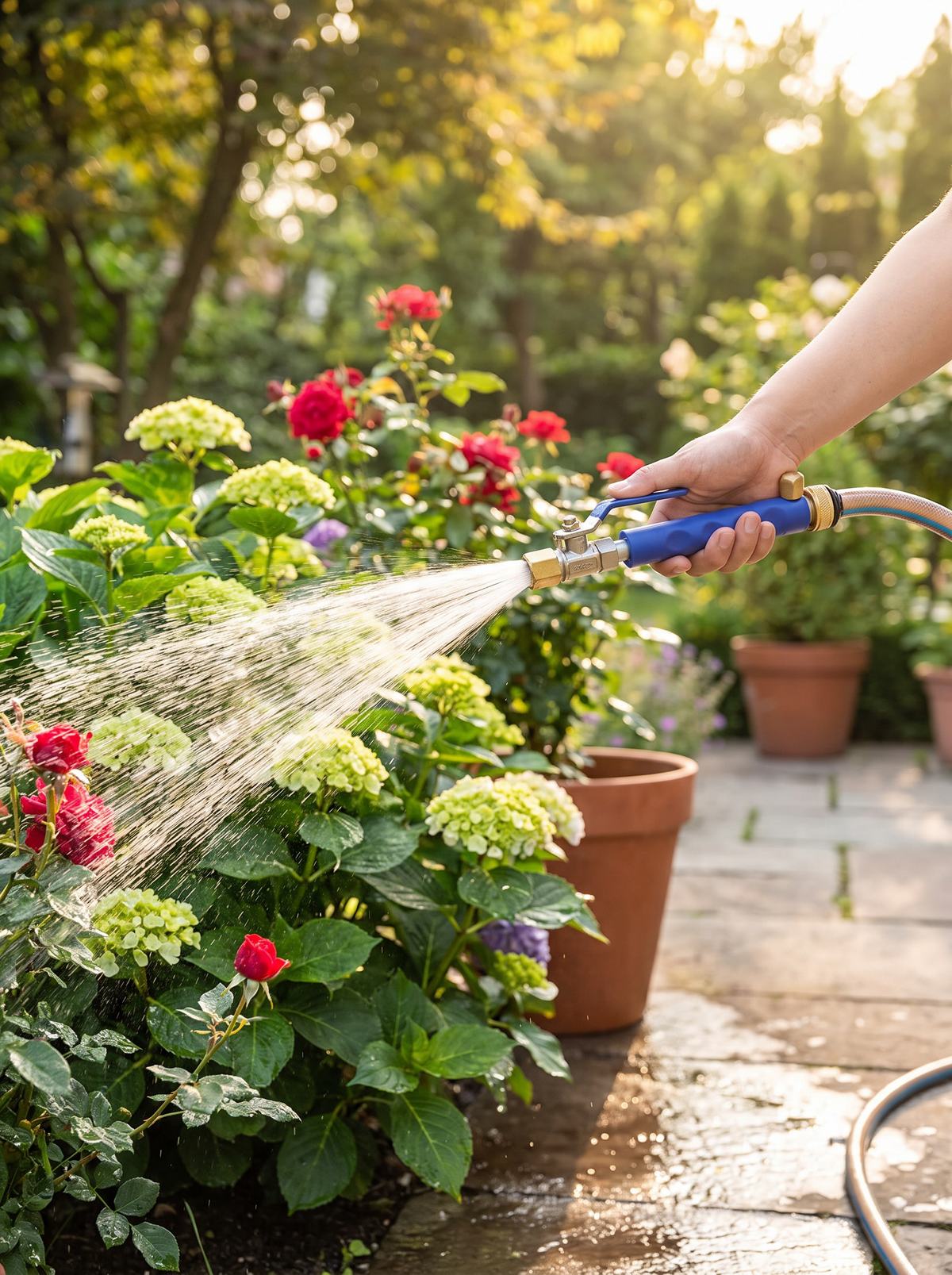 Adjustable hose nozzle connected and ready in a garden