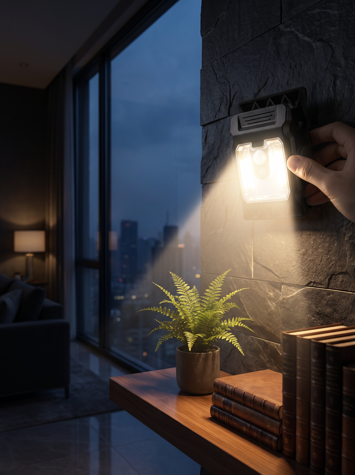 Motion sensor solar light waiting dark on a garden wall