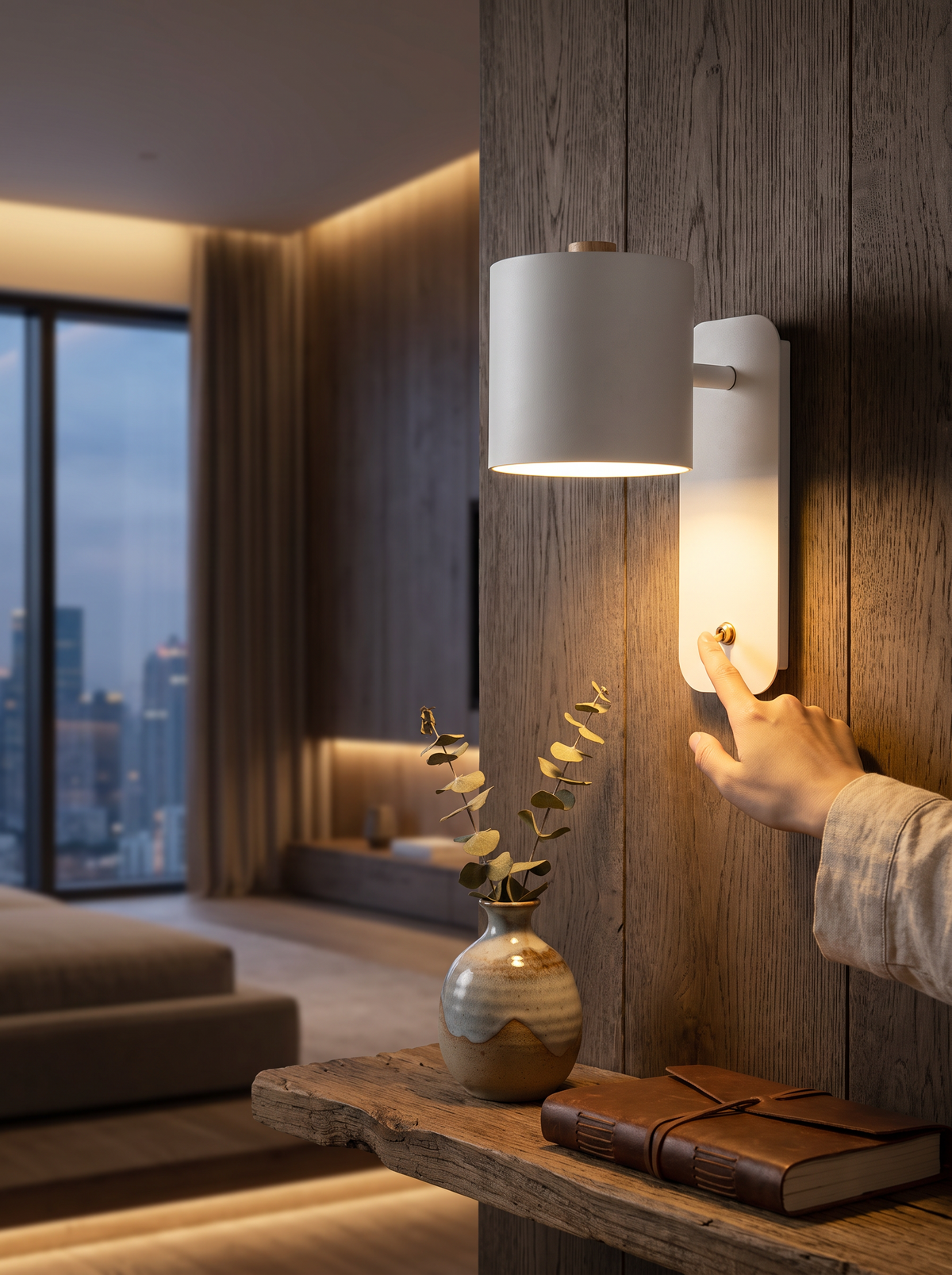 Slim wall lamp sitting flush against a plain wall