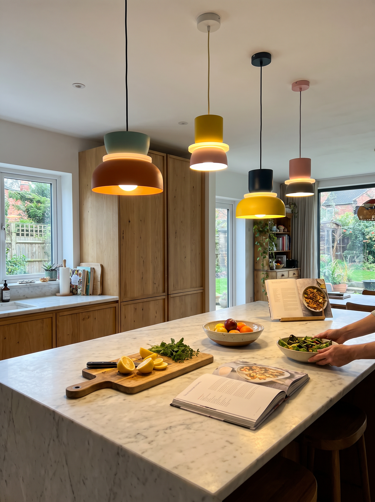 Macaron pendants hanging over a kitchen island