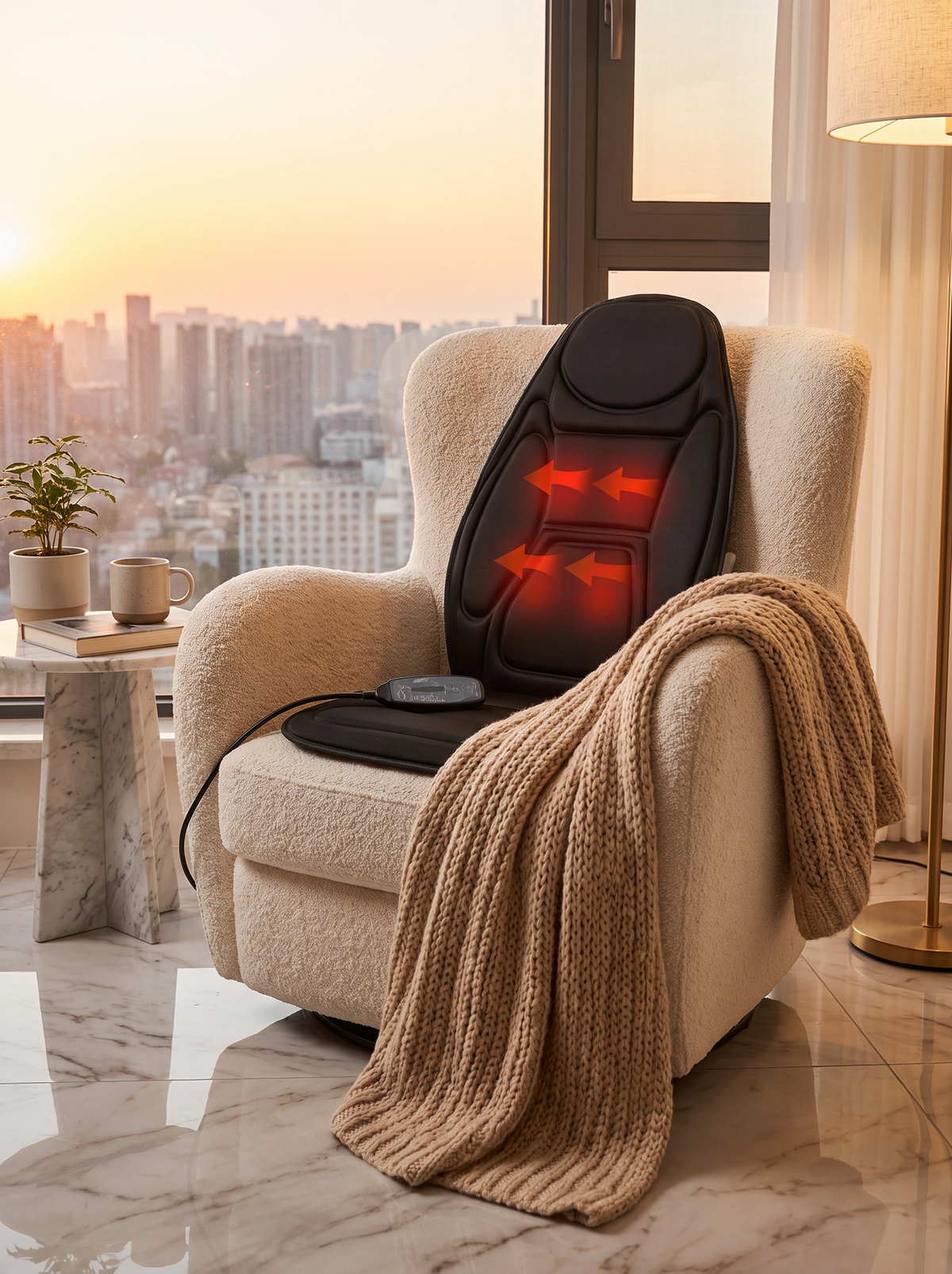 Heated massage cushion on a living room armchair