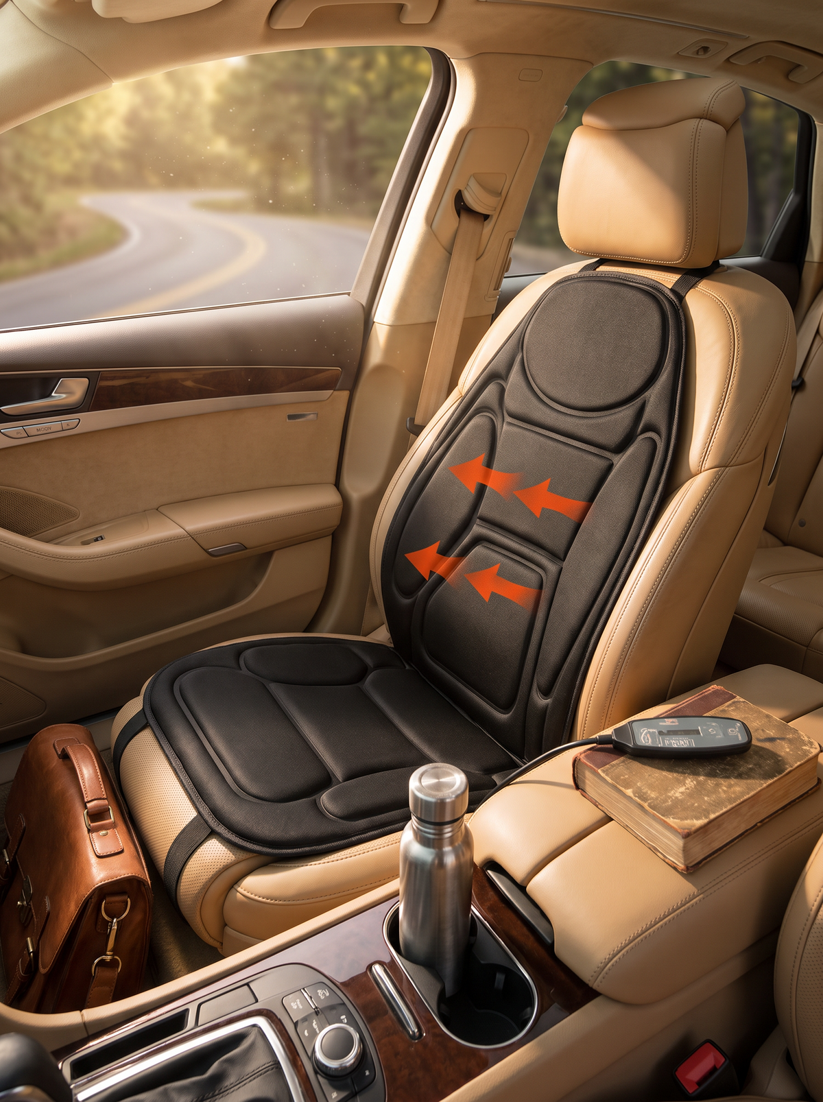 Massage cushion strapped onto a car seat